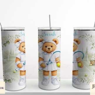 Teddy bear tennis player designs with court and transparent backgrounds for sports bags mugs and gifts