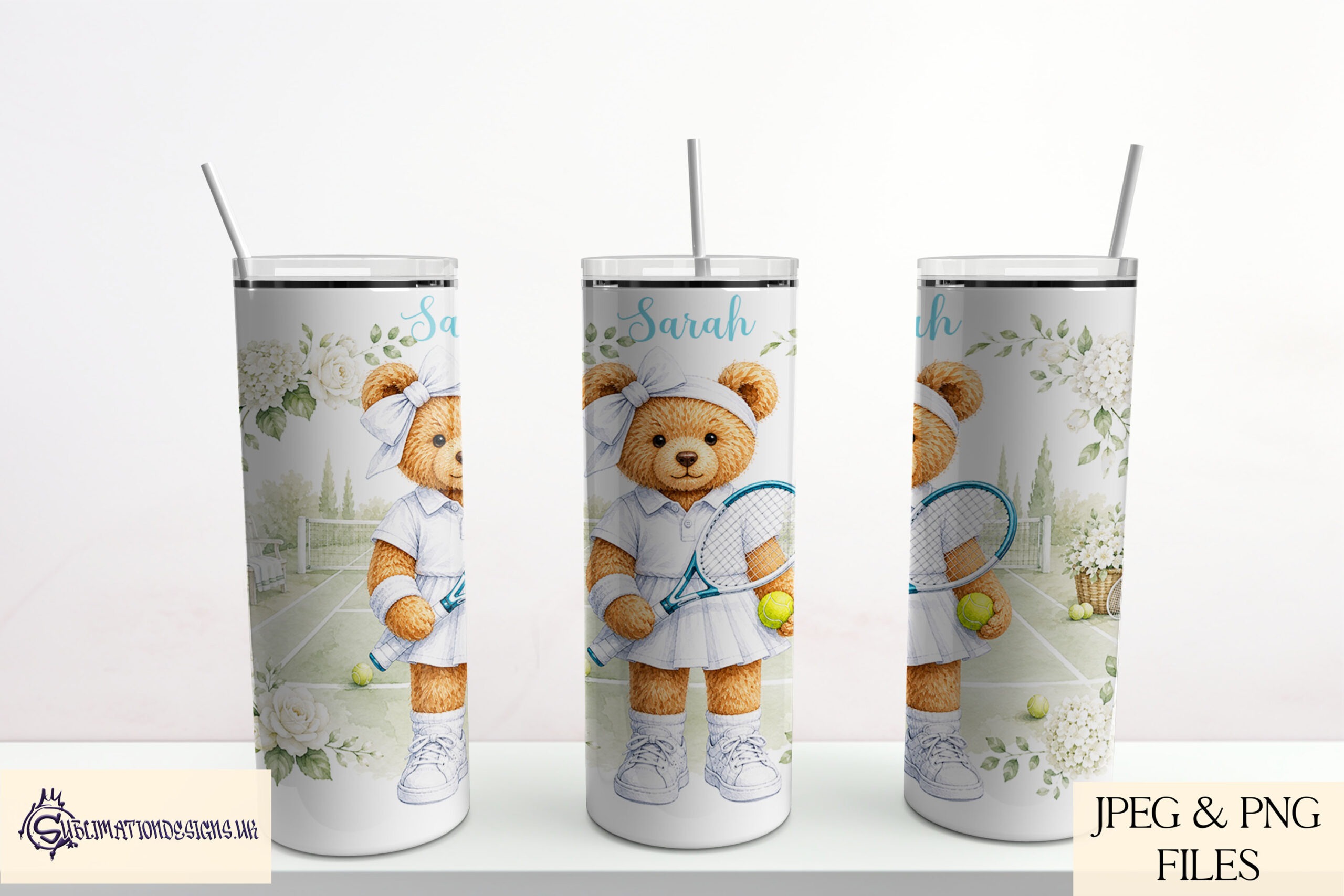 Teddy bear tennis player designs with court and transparent backgrounds for sports bags mugs and gifts