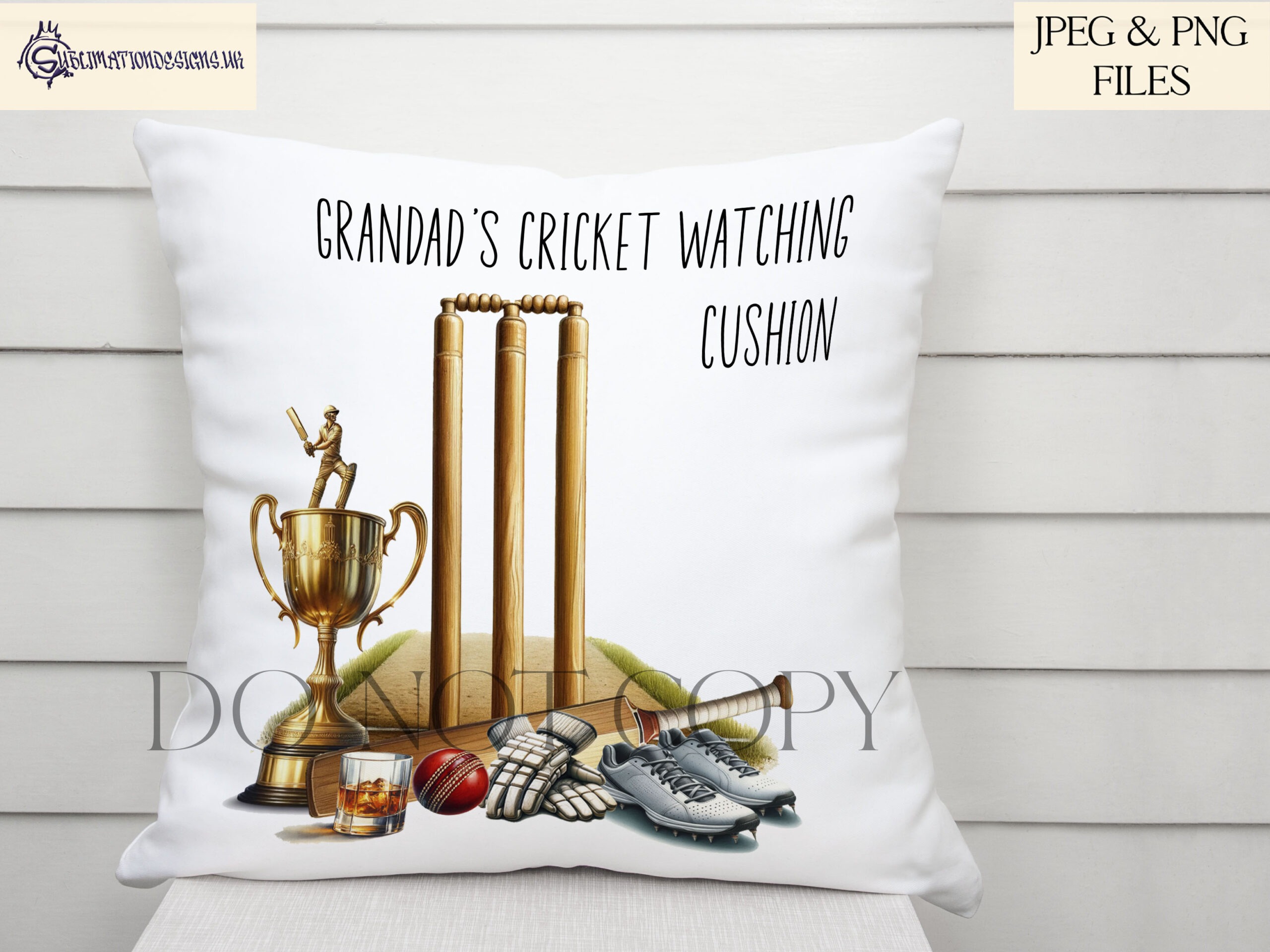 Cricket player designs with bat gloves ball shoes and trophy elements suitable for Father’s Day gifts and personalised products