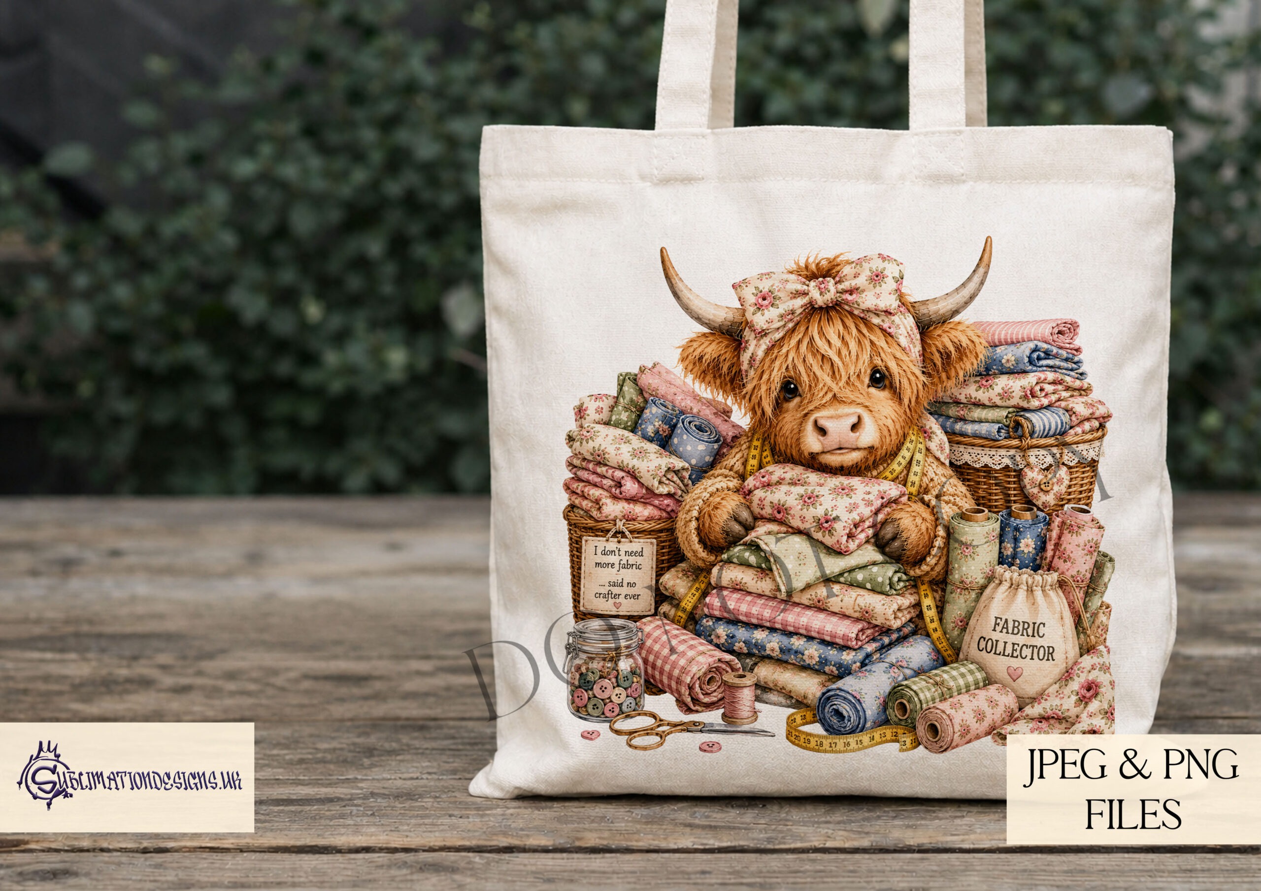 Crafty highland cow designs with sewing knitting crochet quilting and fabric themes for mugs cushions totes and craft products