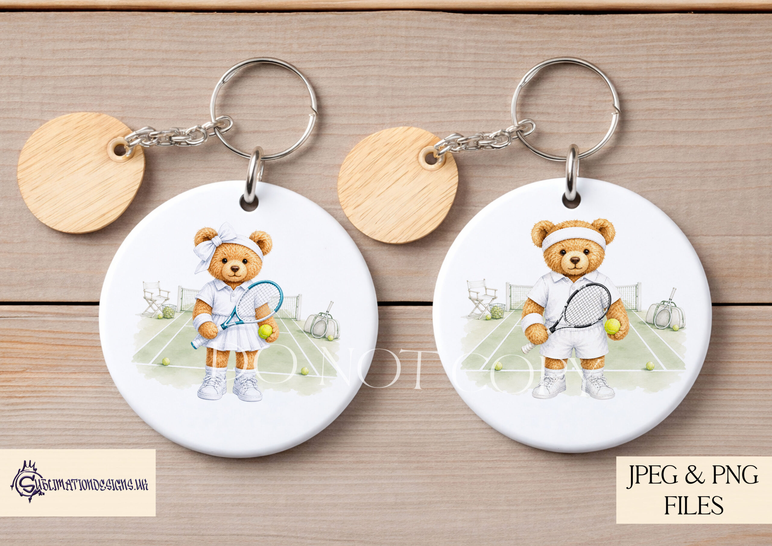 Teddy bear tennis player designs with court and transparent backgrounds for sports bags mugs and gifts