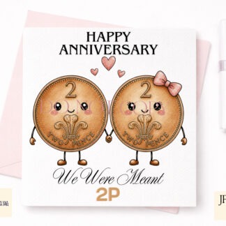 Comedy wedding anniversary designs with cute characters and puns covering years 1 to 10 for gifts cards and personalised products