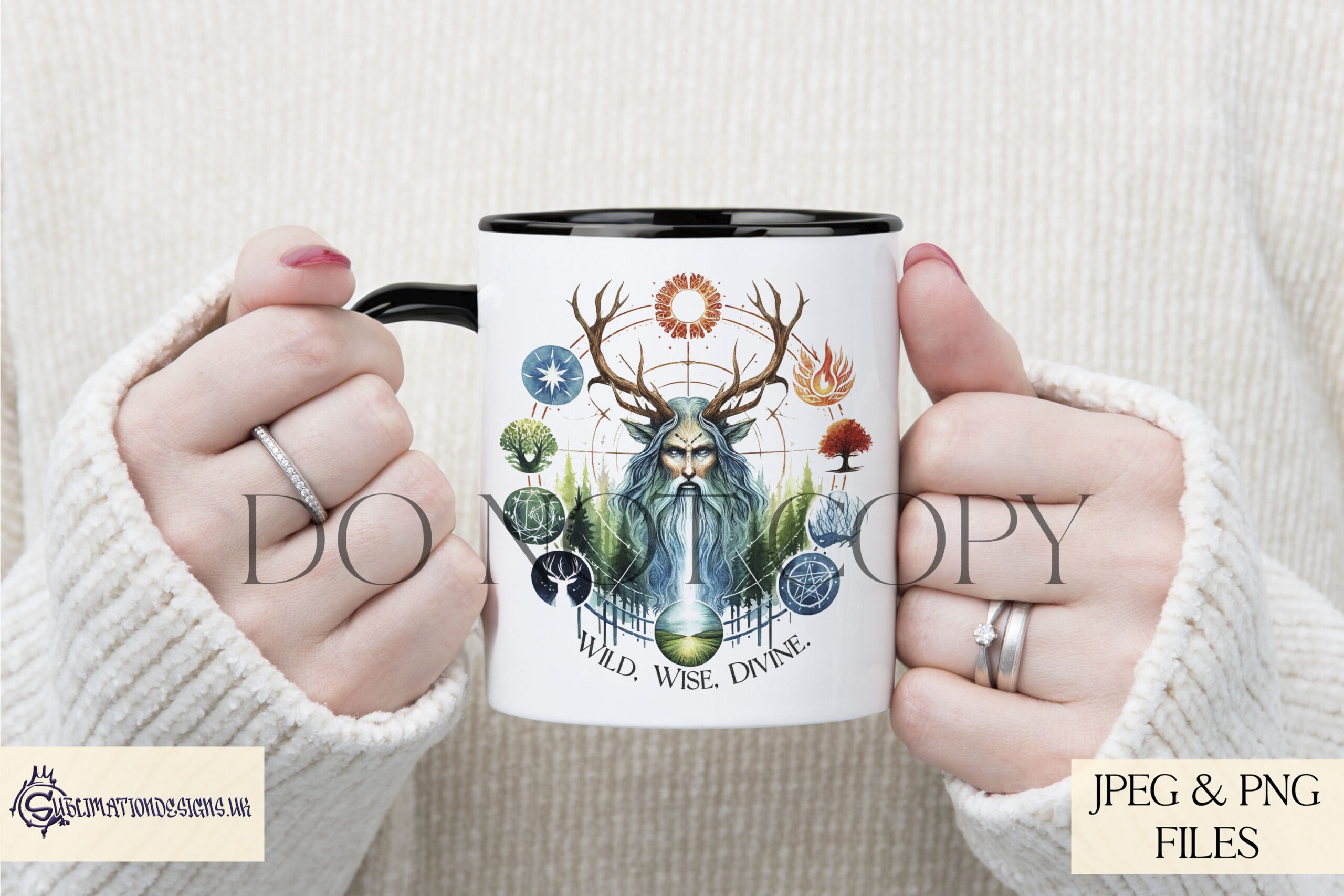 Wicca witchcraft designs with spiritual symbols including triple goddess horned god and tree of life for t shirts mugs and tote bags