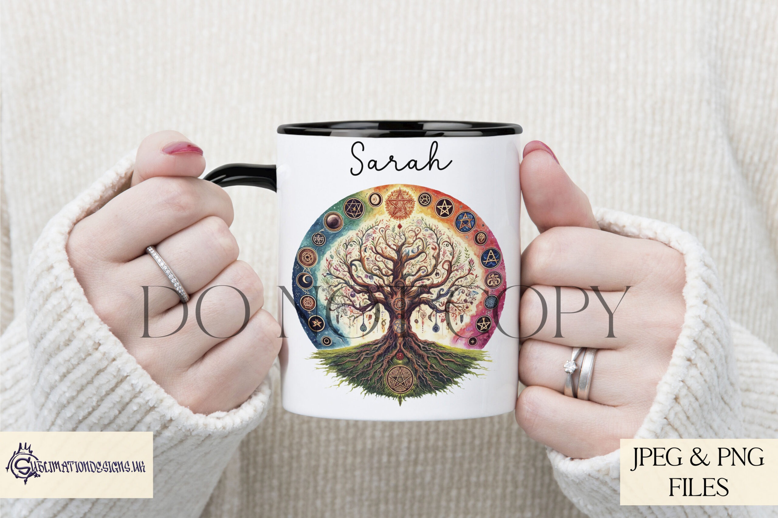 Wicca witchcraft designs with spiritual symbols including triple goddess horned god and tree of life for t shirts mugs and tote bags