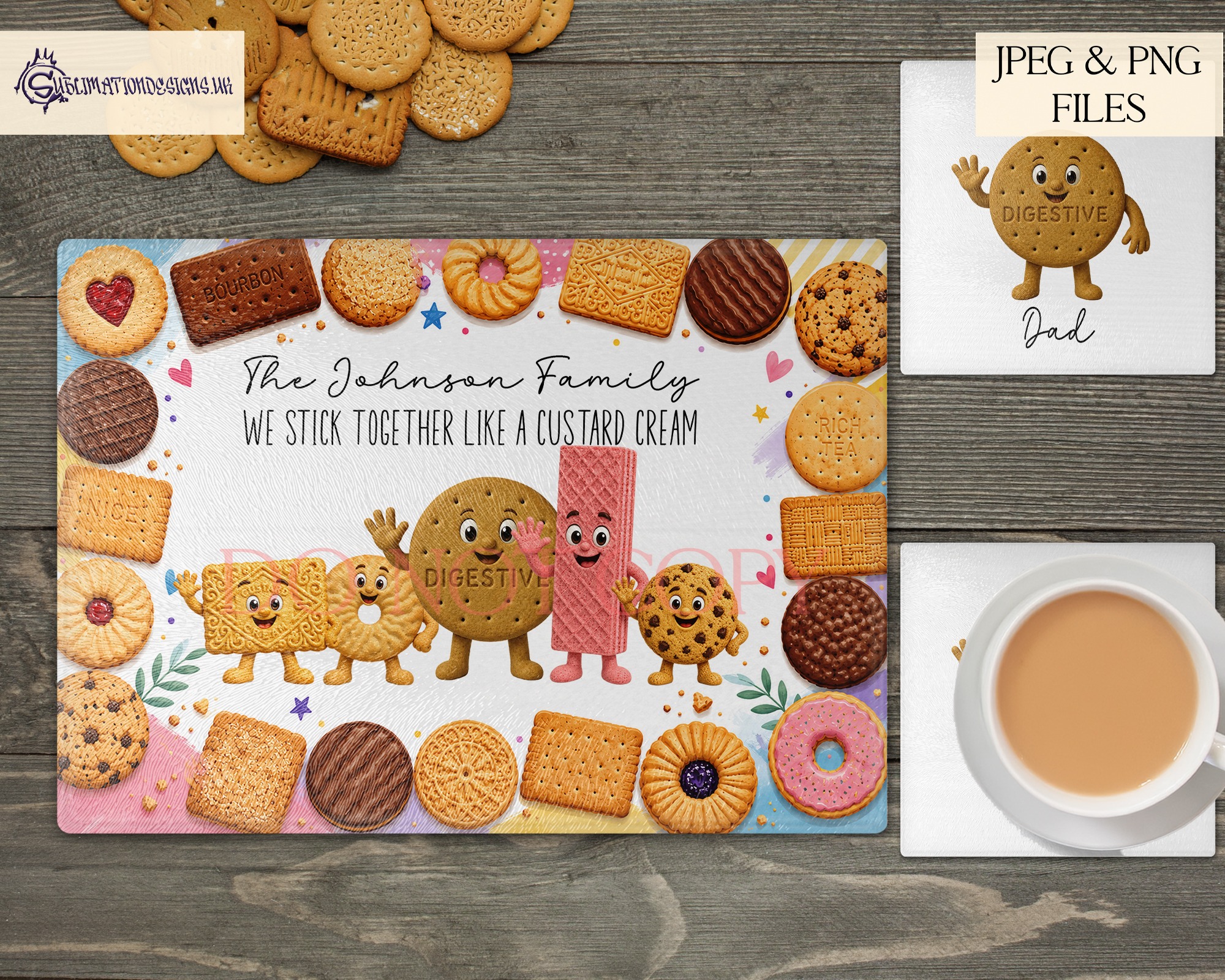 Biscuit character clip art designs inspired by tea time favourites for family wall art mugs and personalised gifts