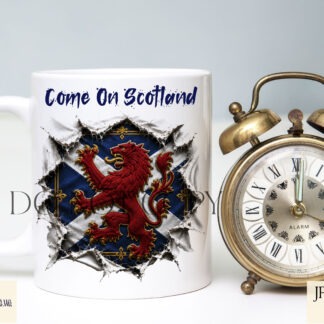 Scotland football designs with saltire and rampant lion bursting through background for fan products