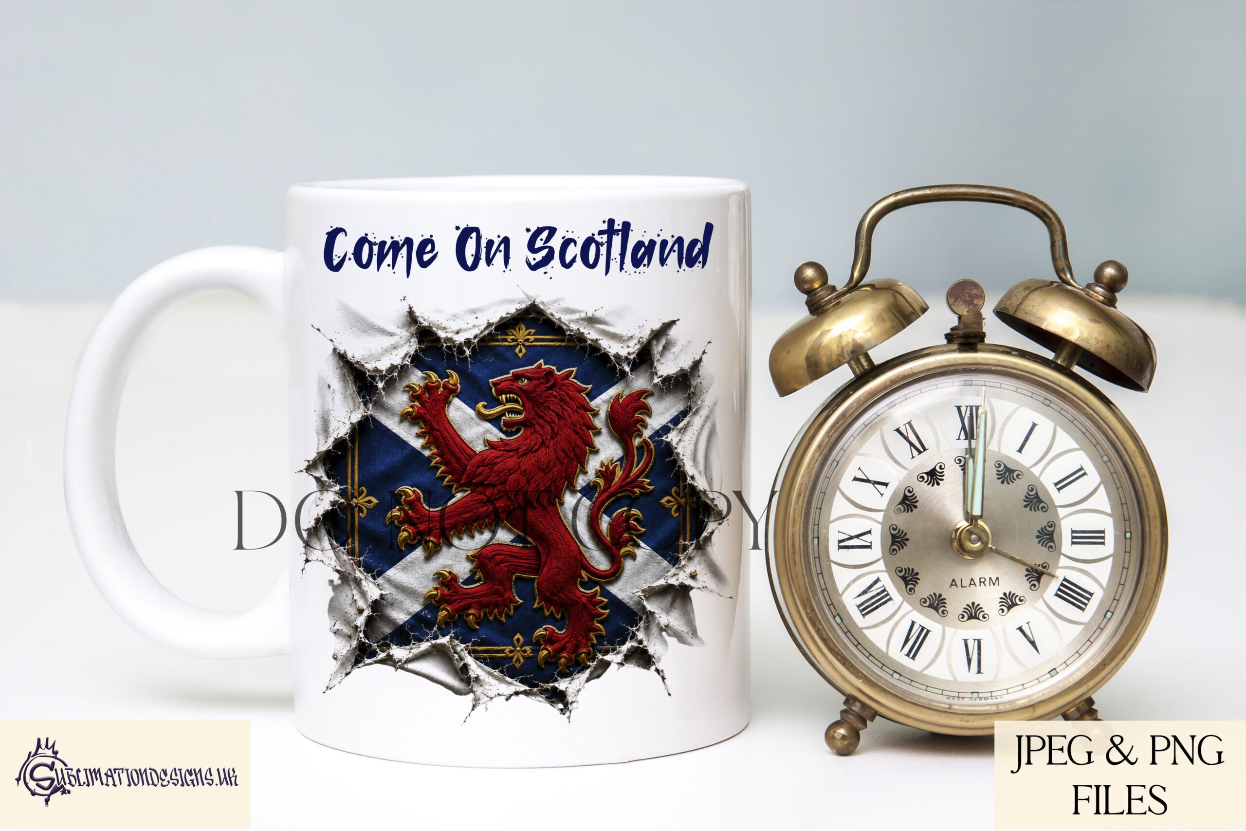 Scotland football designs with saltire and rampant lion bursting through background for fan products