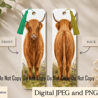 Highland cow bookmark designs with front and rear views and floral variations on white background for sublimation bookmarks
