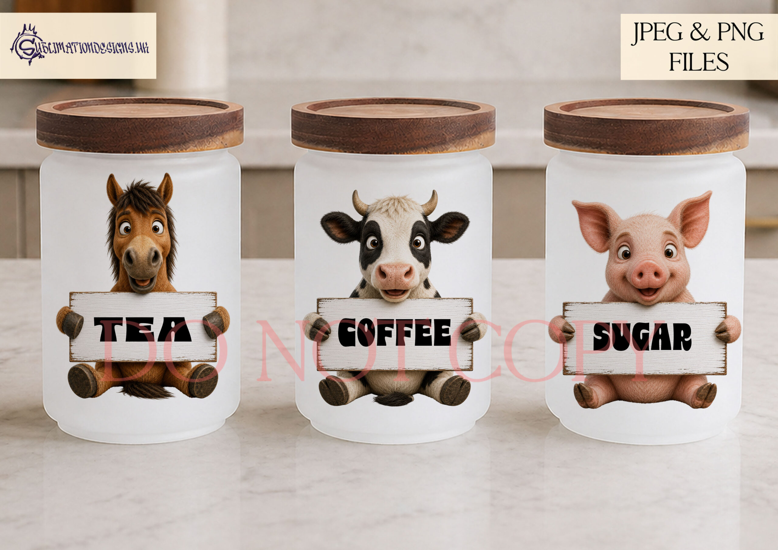 Farmyard animal kitchen label designs with animals holding blank signs for jars tins and kitchen storage