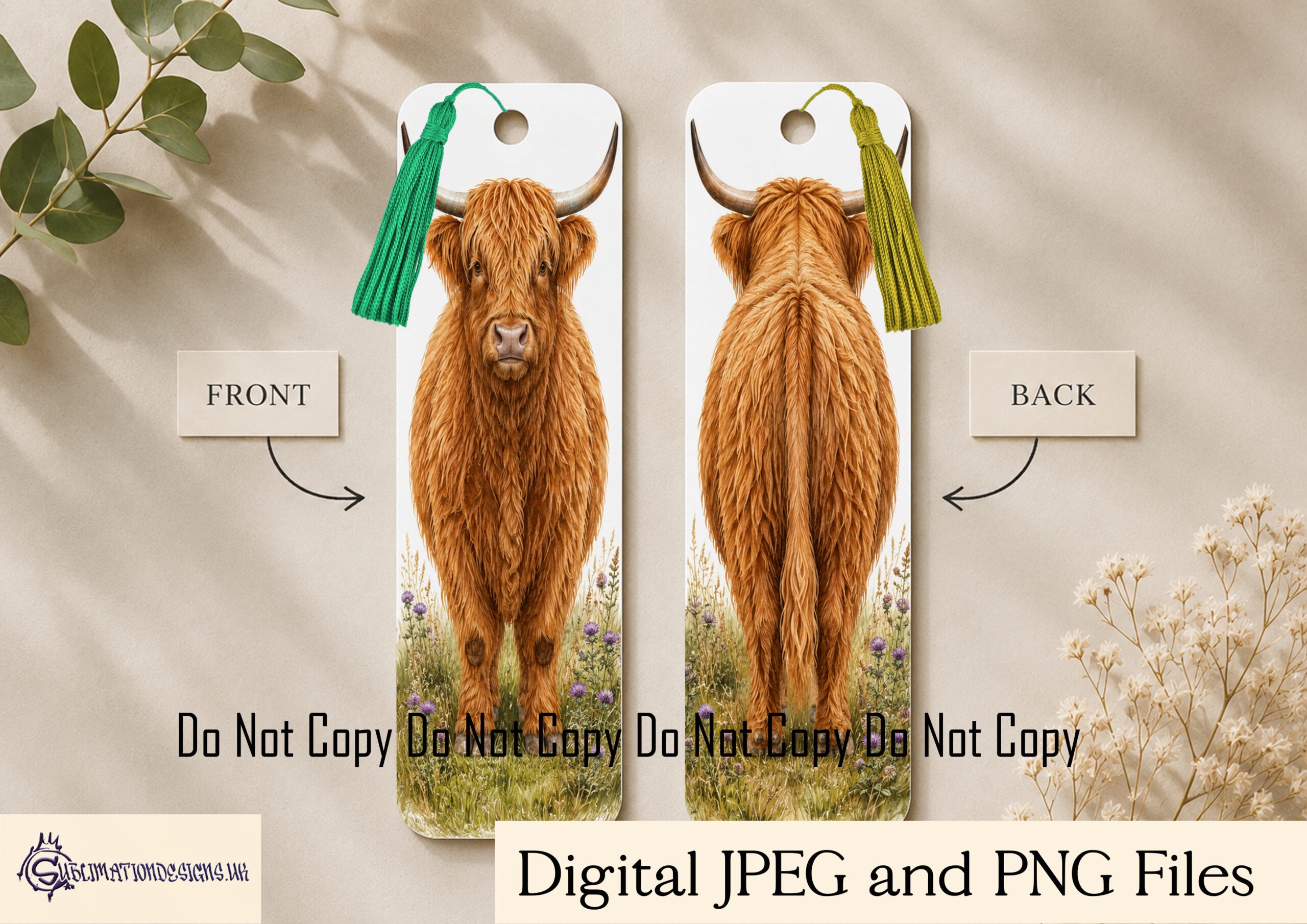 Highland cow bookmark designs with front and rear views and floral variations on white background for sublimation bookmarks