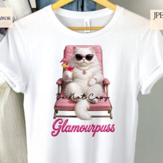 Glamour cat designs with fluffy cats on loungers wearing sunglasses and jewellery with cocktails for mugs cushions and gifts