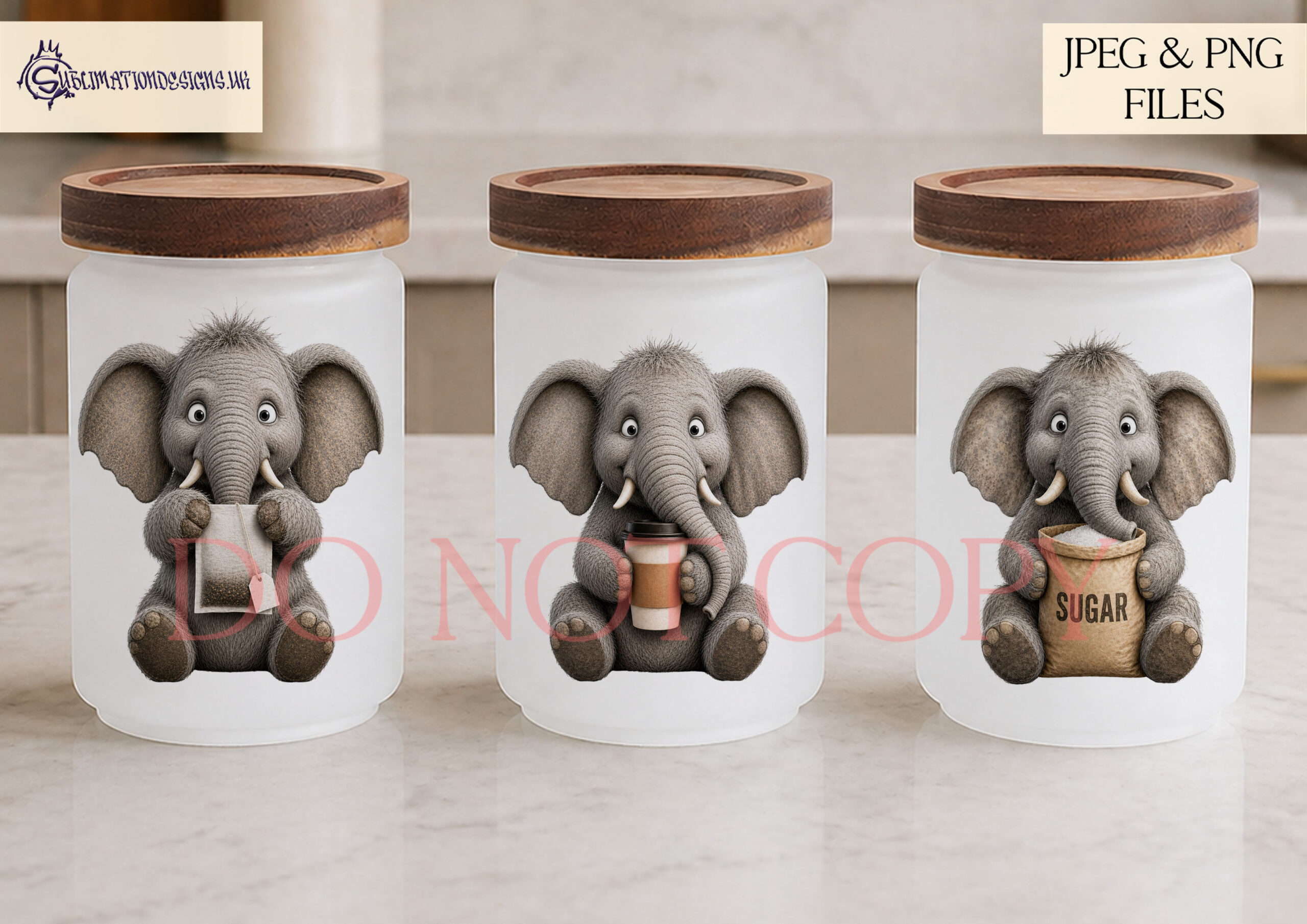 Elephant kitchen label designs with elephants holding tea bags sugar cubes coffee cups and blank signs for jar labels and kitchen storage
