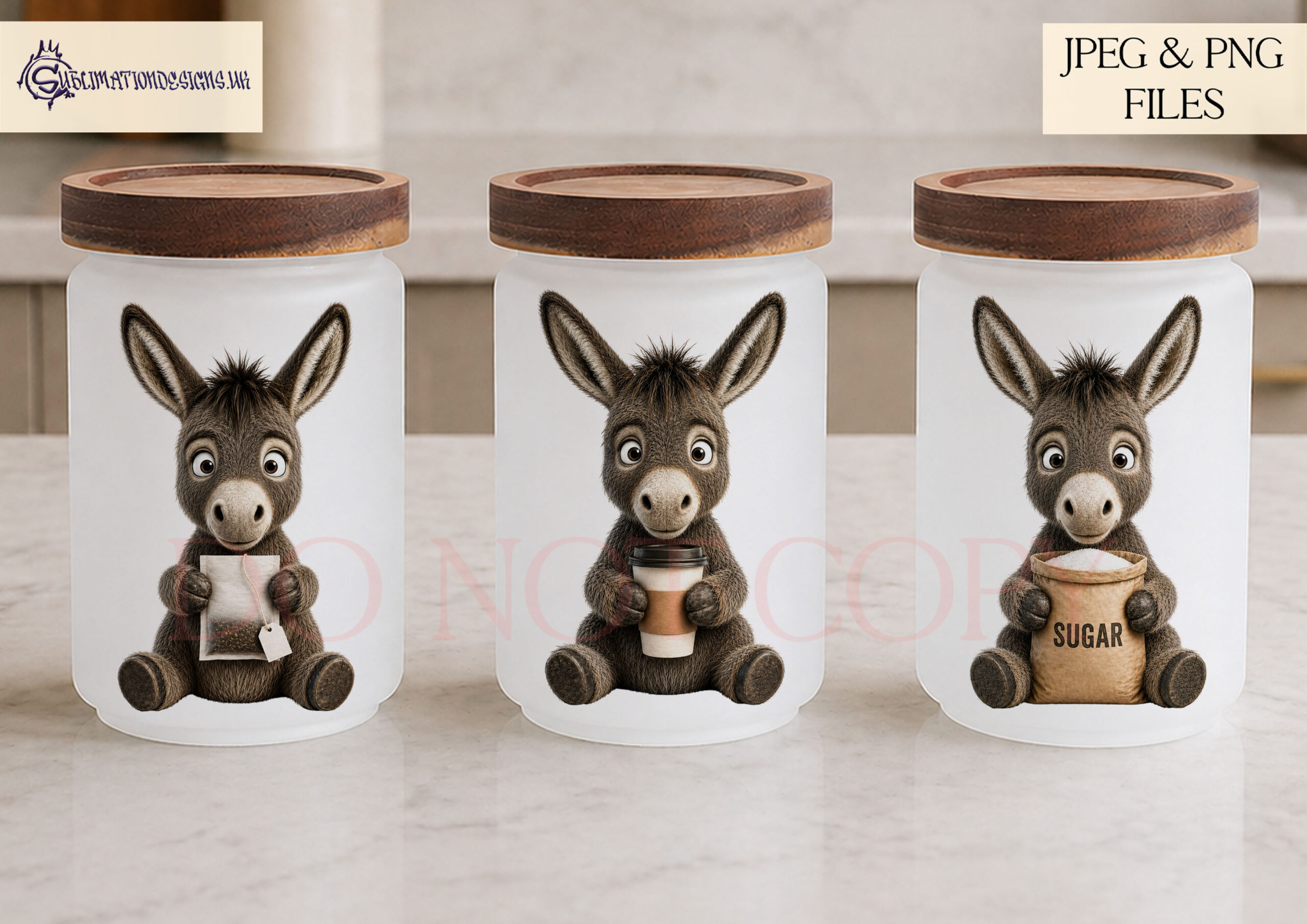 Donkey kitchen label designs with donkeys holding tea bags sugar cubes coffee cups and blank signs for jar labels and kitchen storage