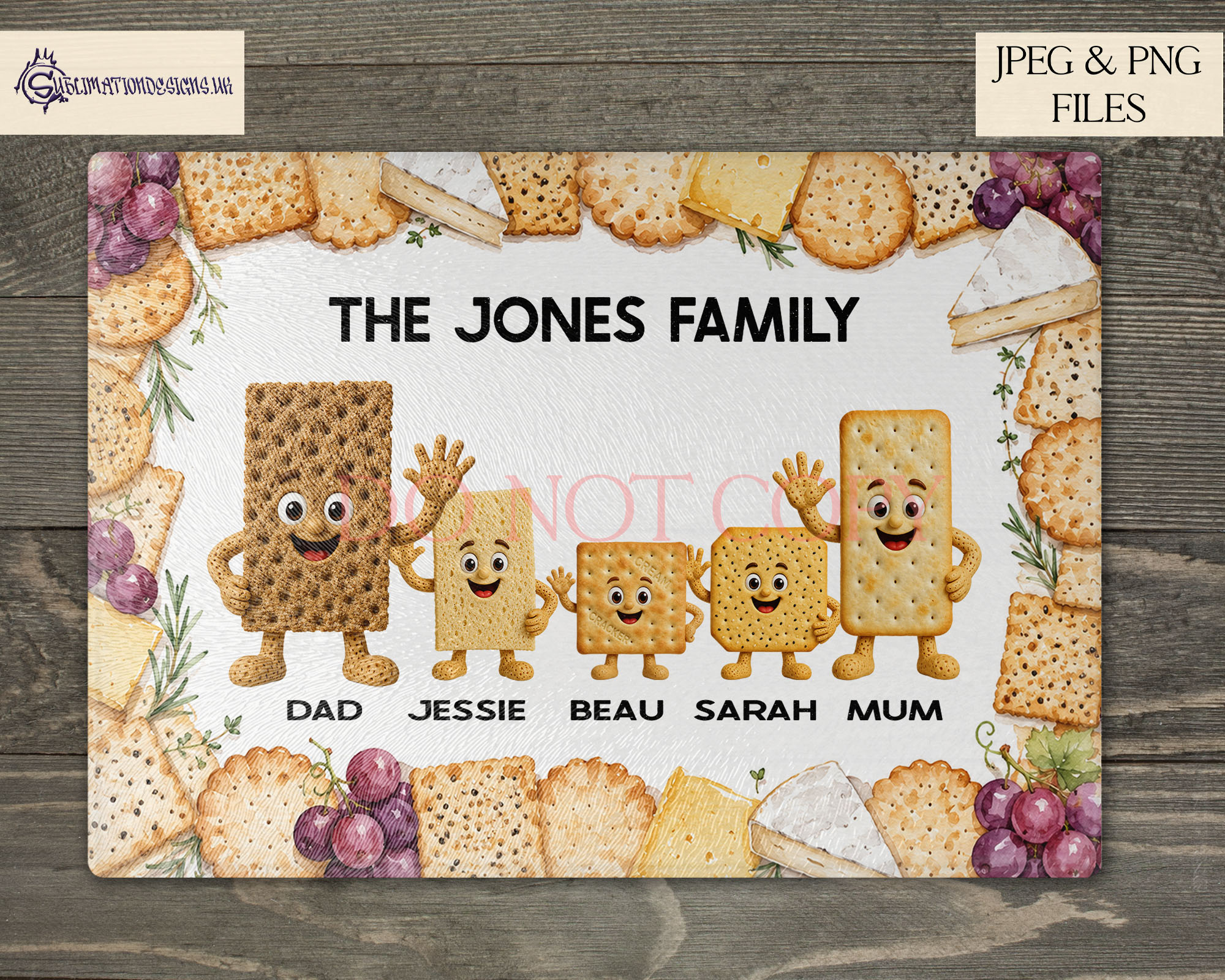 Cracker character clip art designs inspired by different crackers for family wall art chopping boards and personalised gifts