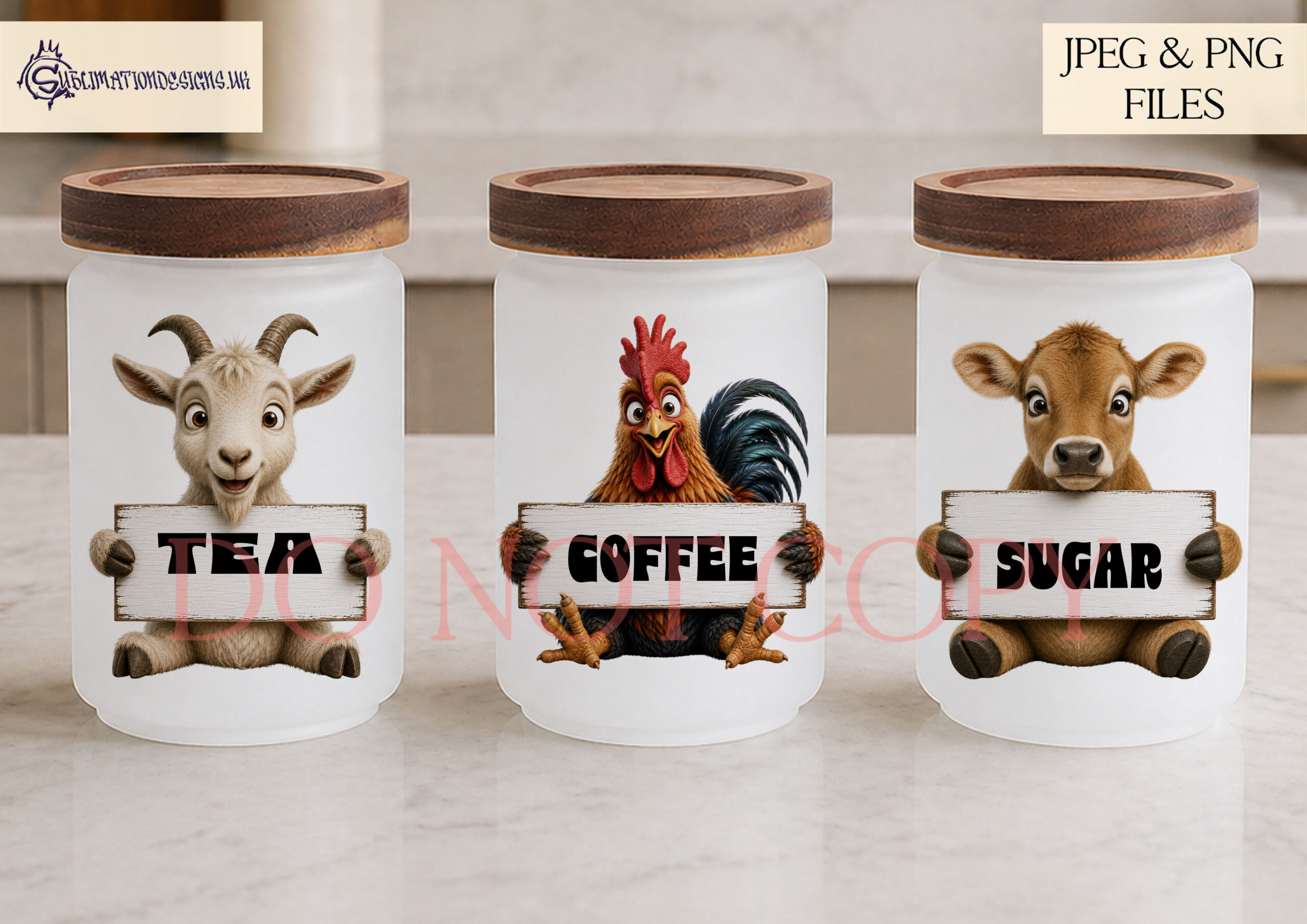 Farmyard animal kitchen label designs with animals holding blank signs for jars tins and kitchen storage