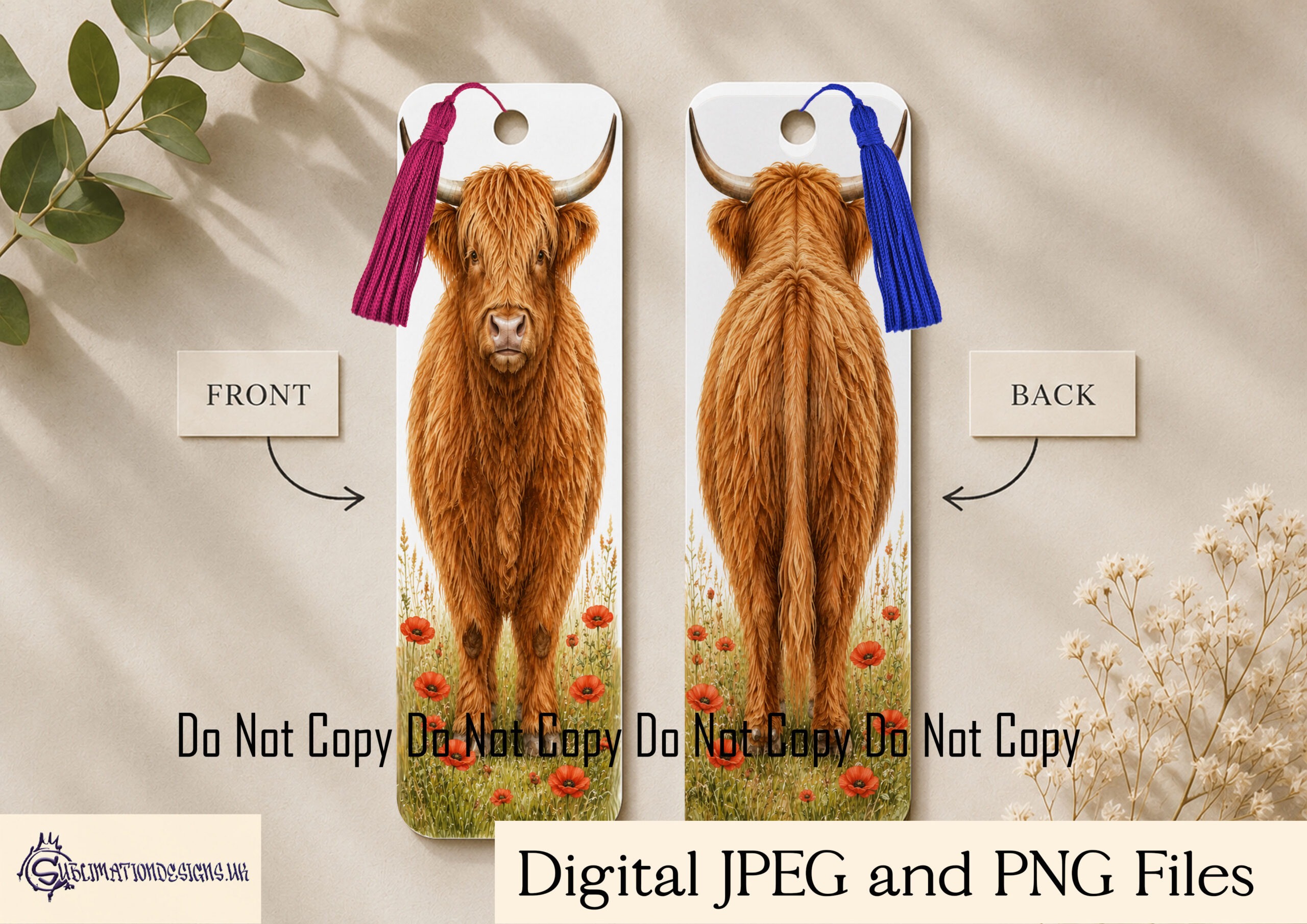 Highland cow bookmark designs with front and rear views and floral variations on white background for sublimation bookmarks