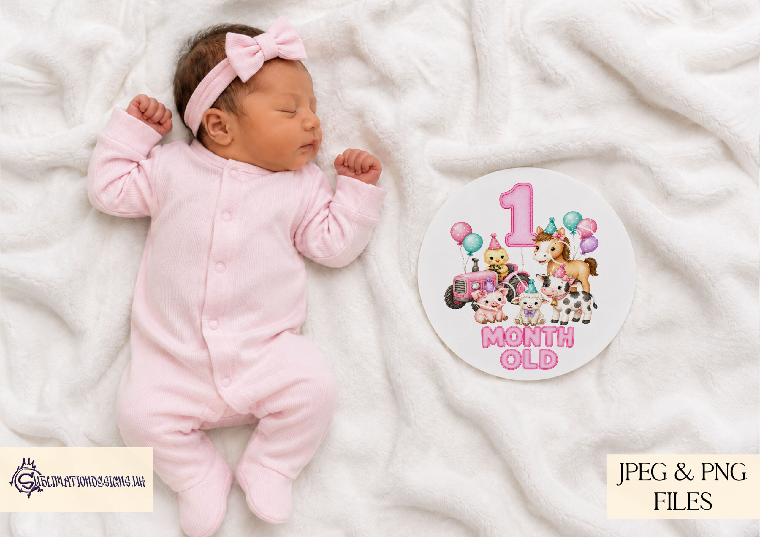 Pink farmyard milestone number designs with farm animals for baby girl monthly milestones birthday cards and keepsakes