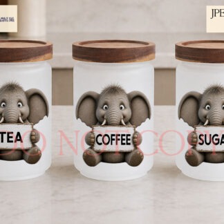 Elephant kitchen label designs with elephants holding tea bags sugar cubes coffee cups and blank signs for jar labels and kitchen storage