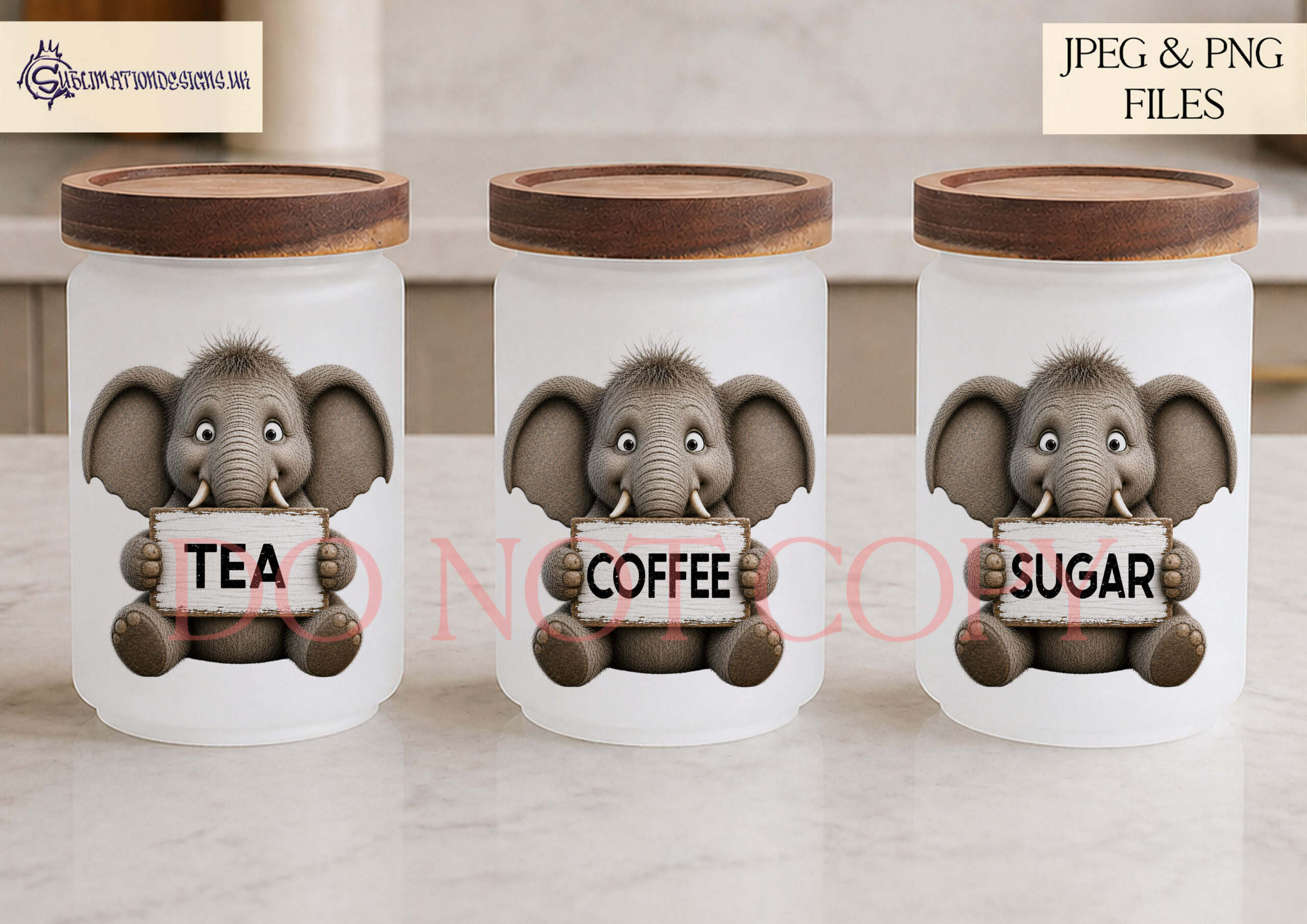 Elephant kitchen label designs with elephants holding tea bags sugar cubes coffee cups and blank signs for jar labels and kitchen storage