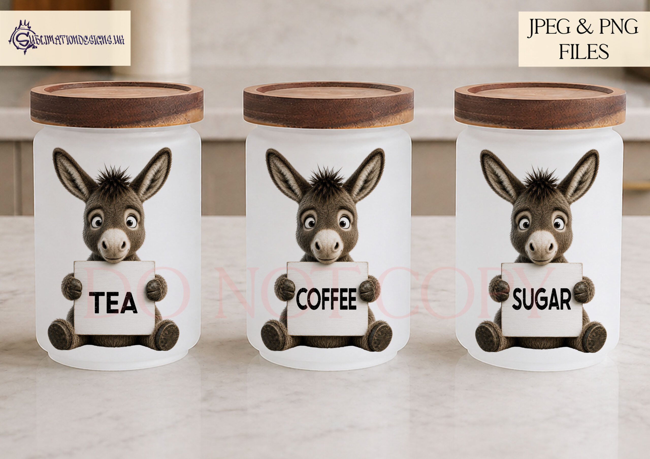 Donkey kitchen label designs with donkeys holding tea bags sugar cubes coffee cups and blank signs for jar labels and kitchen storage