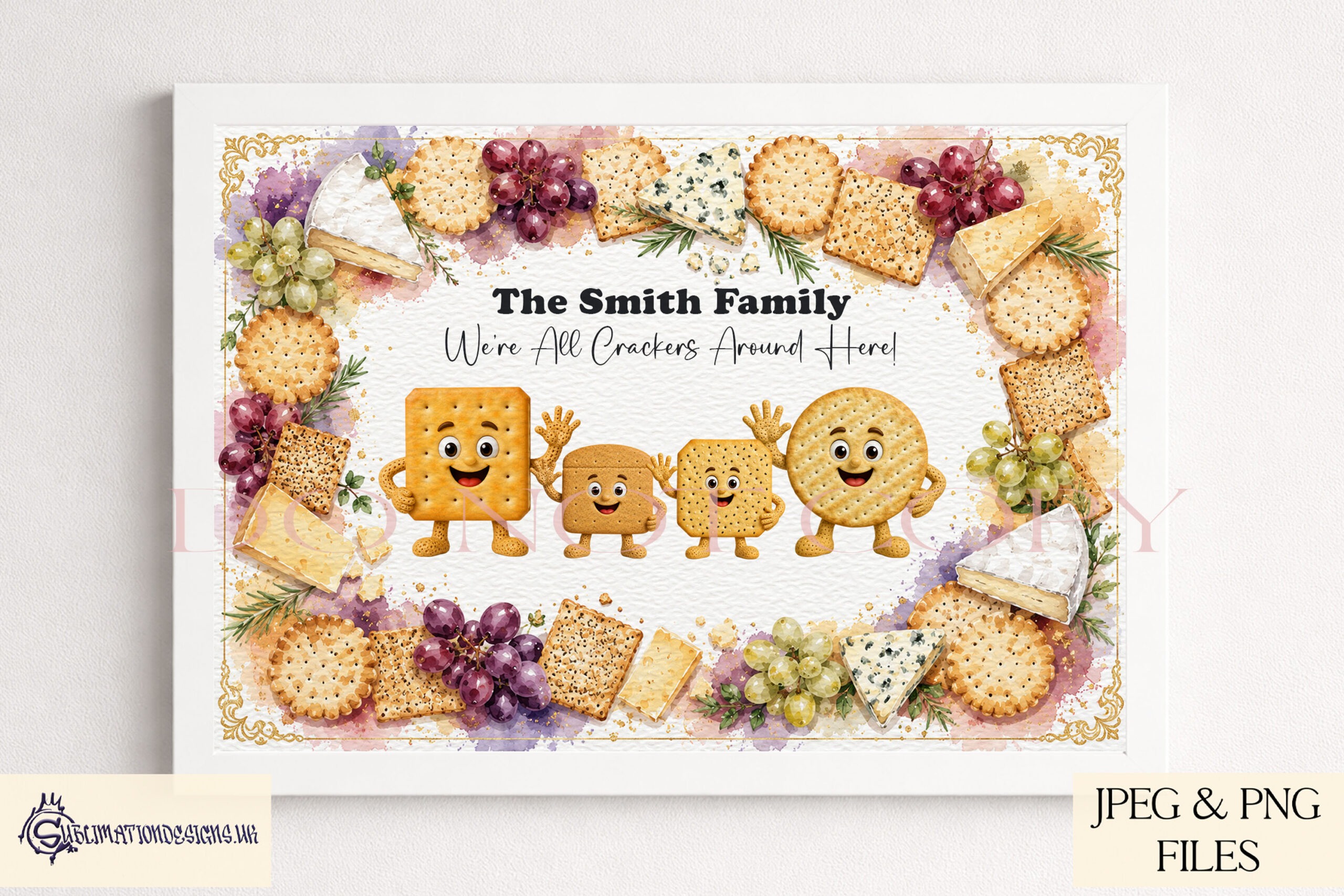 Cracker character clip art designs inspired by different crackers for family wall art chopping boards and personalised gifts