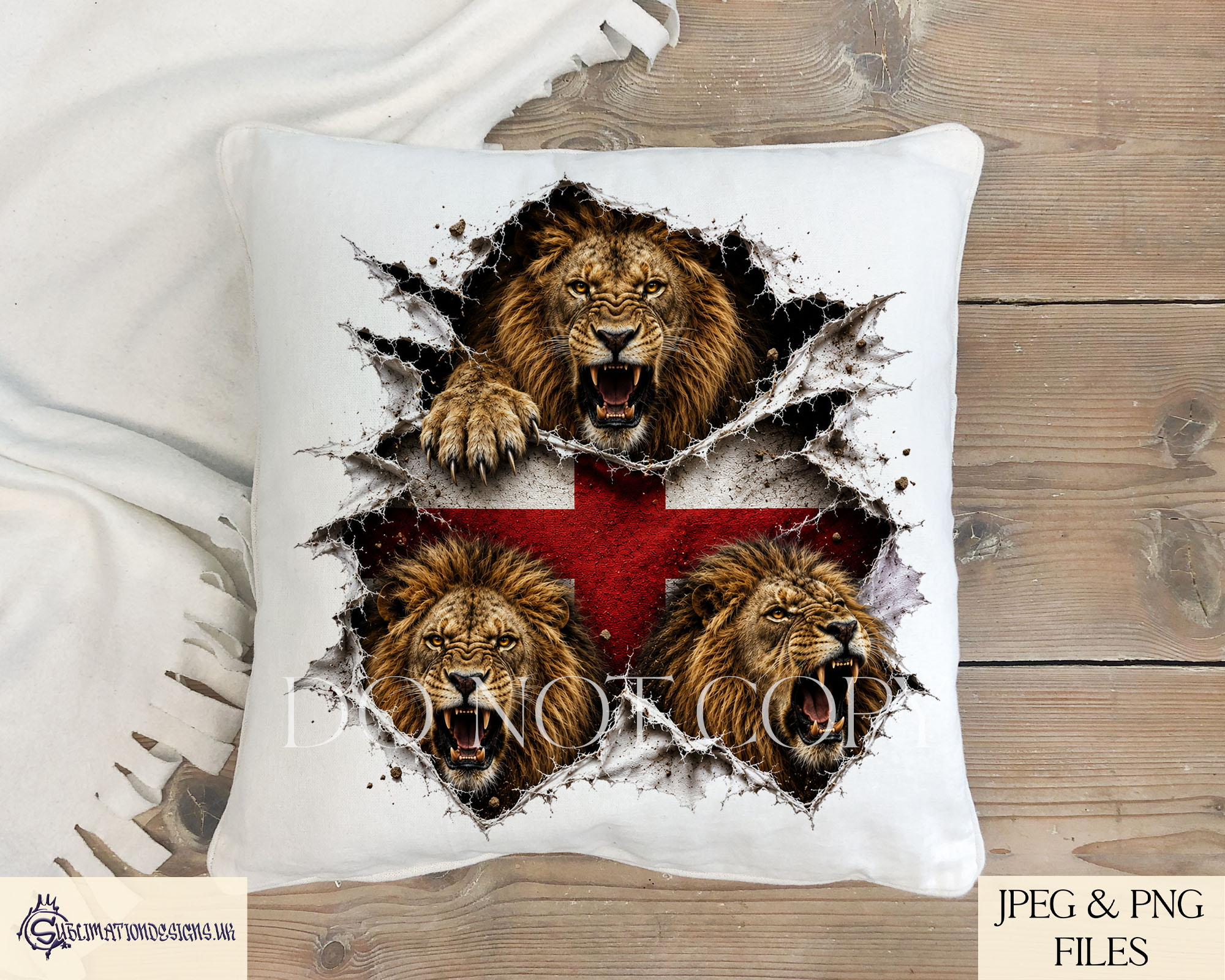England football designs with three lions and St George’s Cross bursting through background for fan products