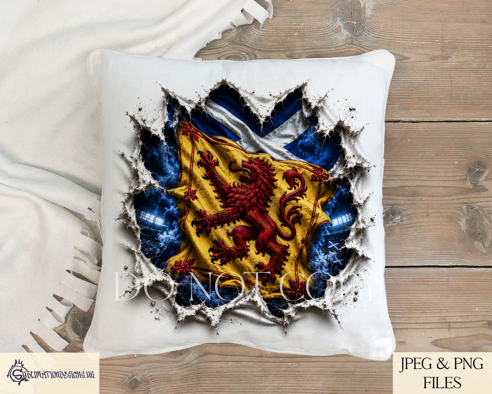 Scotland football designs with saltire and rampant lion bursting through background for fan products