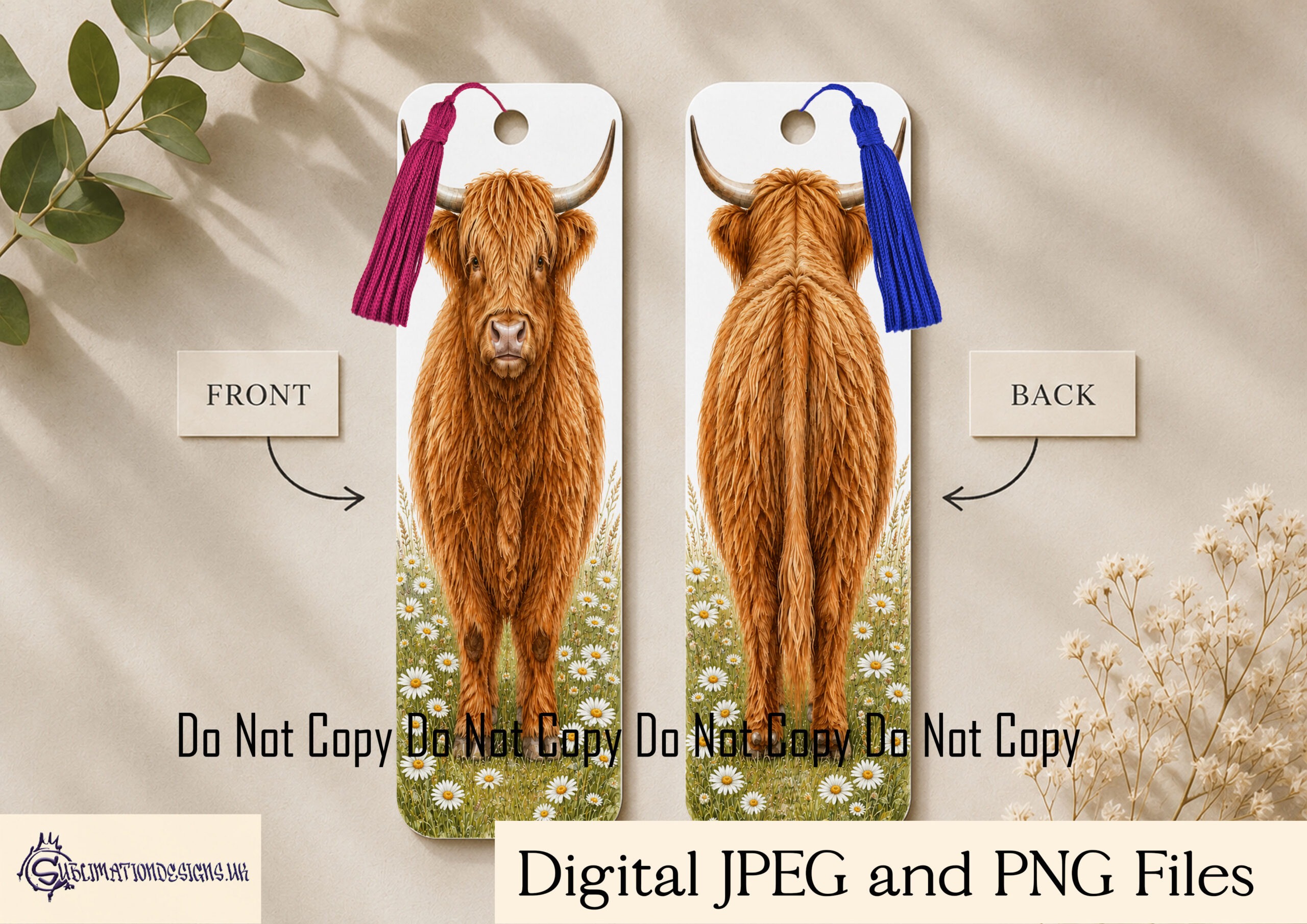 Highland cow bookmark designs with front and rear views and floral variations on white background for sublimation bookmarks