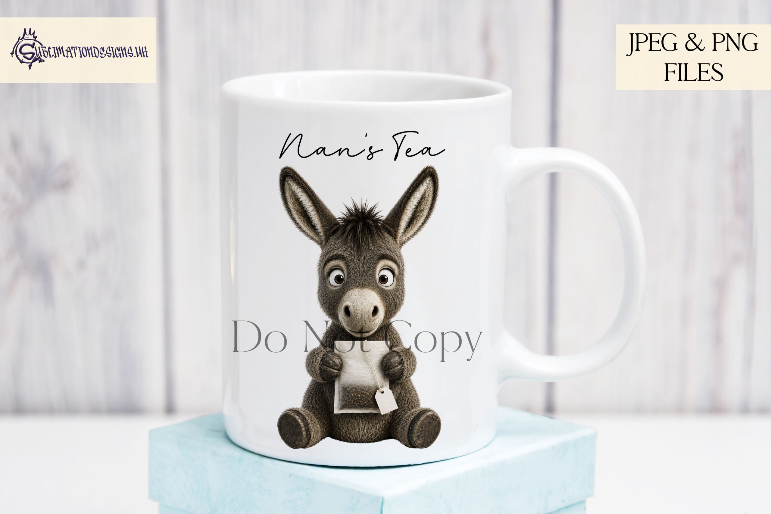Donkey kitchen label designs with donkeys holding tea bags sugar cubes coffee cups and blank signs for jar labels and kitchen storage