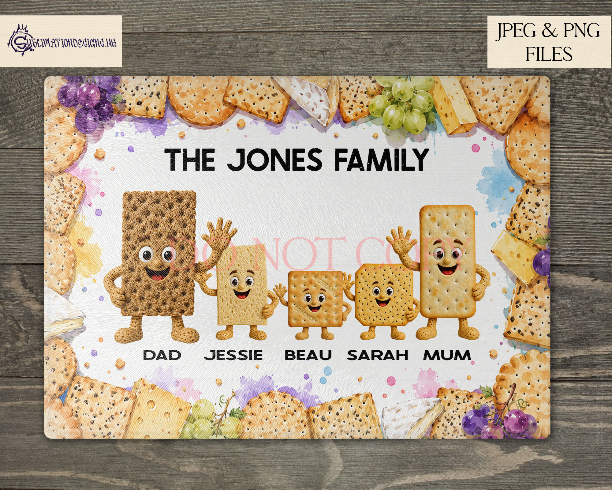 Cracker character clip art designs inspired by different crackers for family wall art chopping boards and personalised gifts
