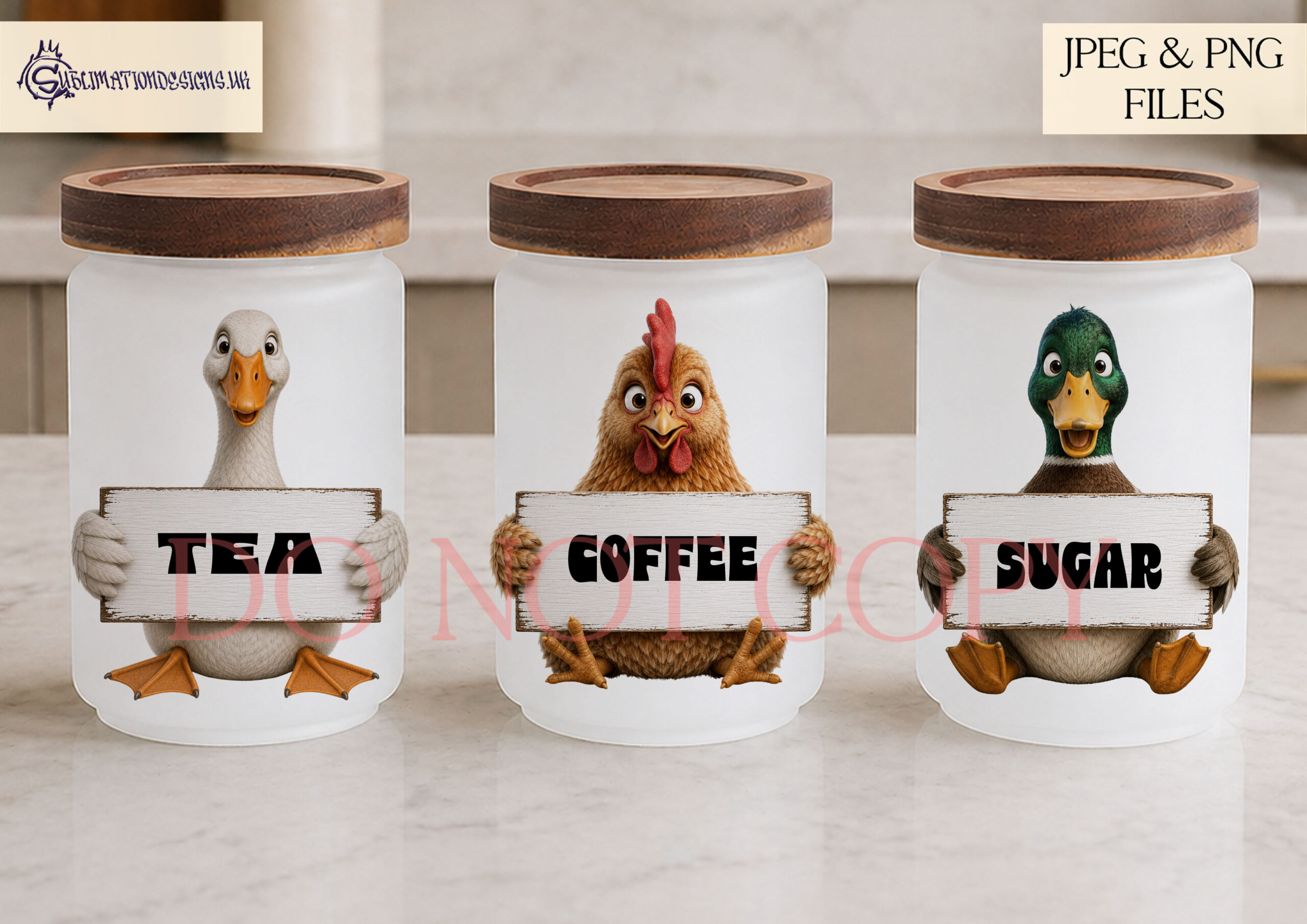 Farmyard animal kitchen label designs with animals holding blank signs for jars tins and kitchen storage