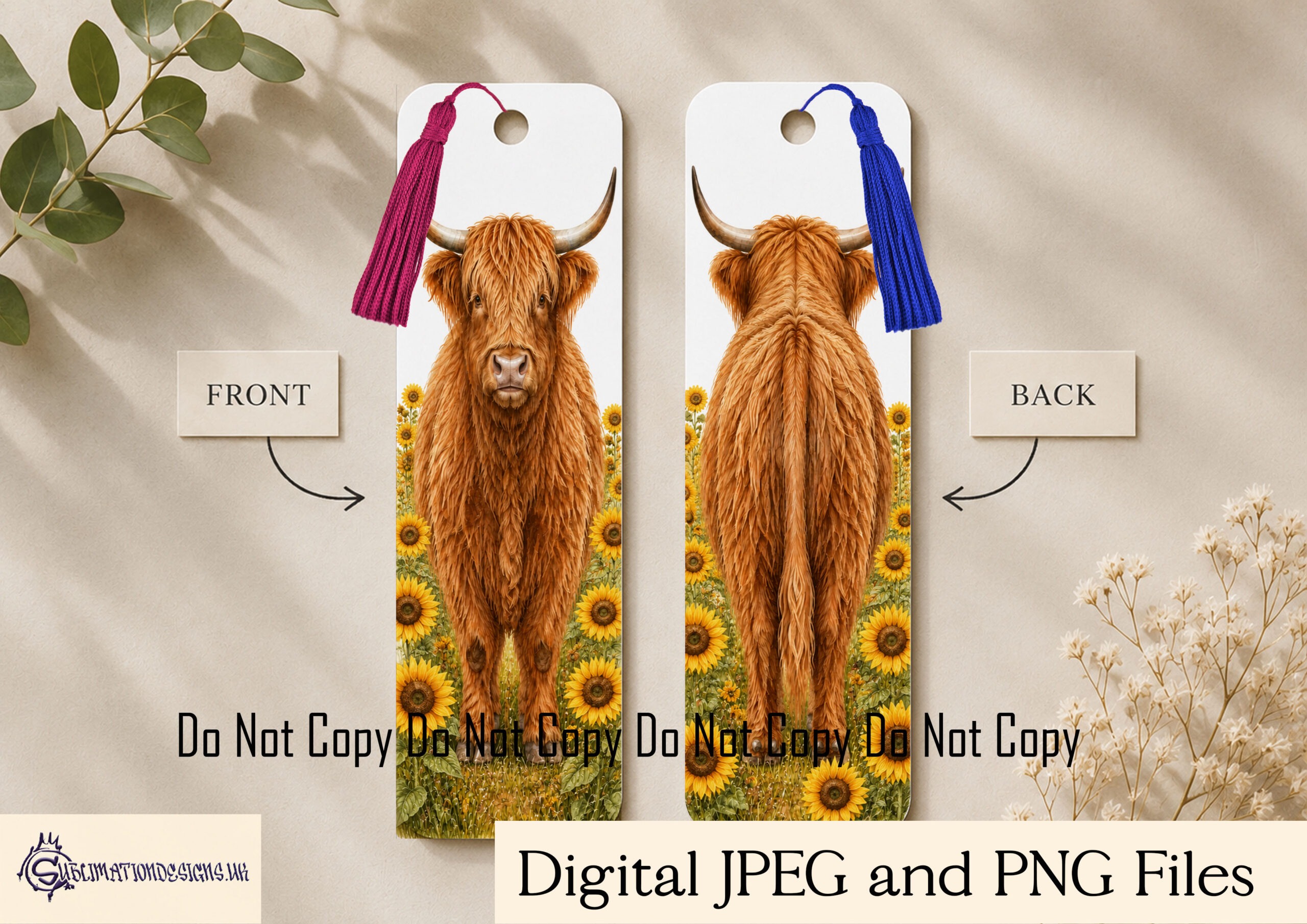 Highland cow bookmark designs with front and rear views and floral variations on white background for sublimation bookmarks