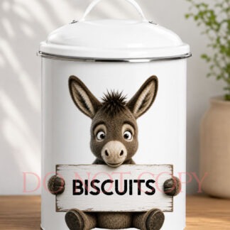 Donkey kitchen label designs with donkeys holding tea bags sugar cubes coffee cups and blank signs for jar labels and kitchen storage