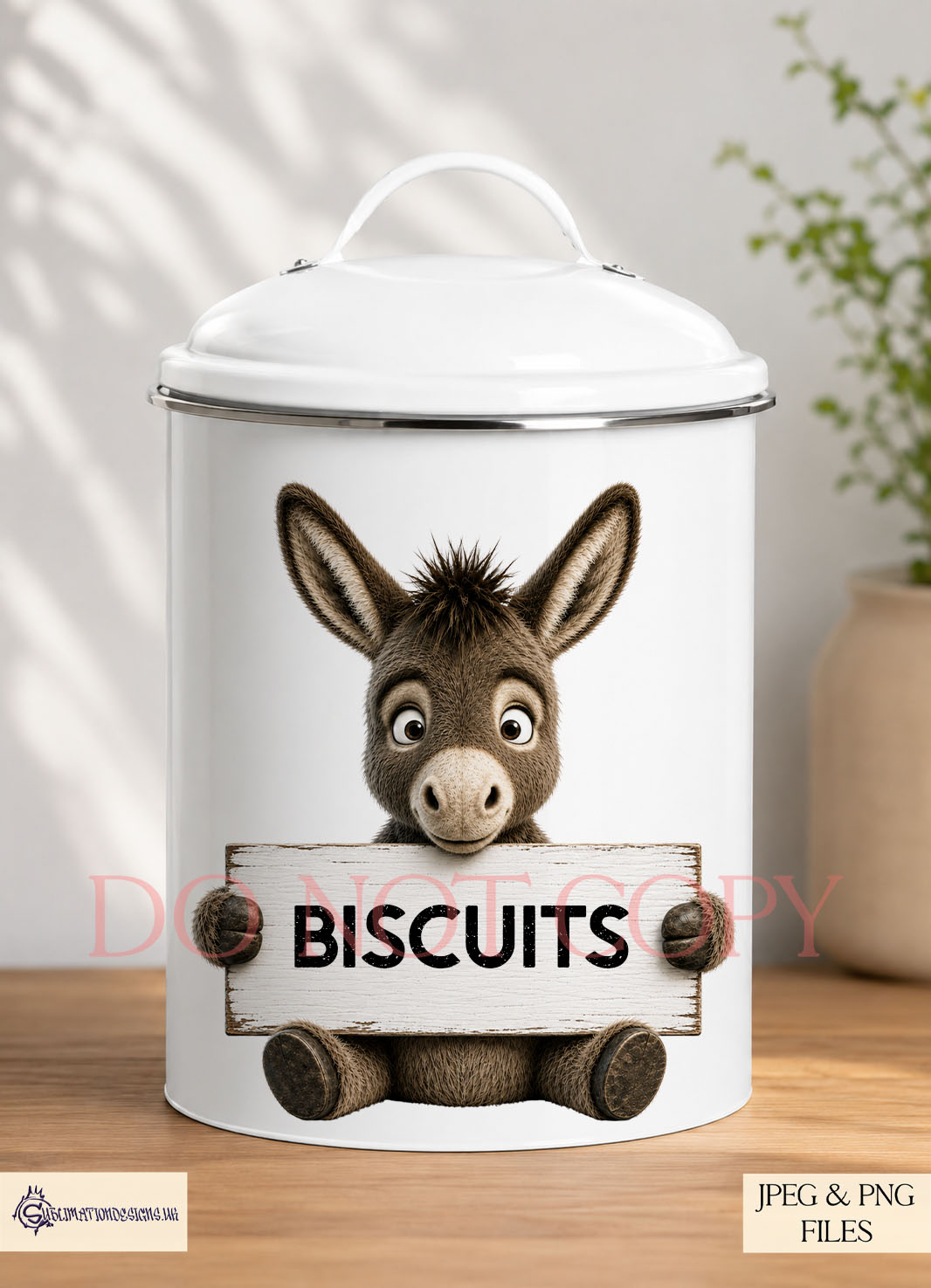 Donkey kitchen label designs with donkeys holding tea bags sugar cubes coffee cups and blank signs for jar labels and kitchen storage