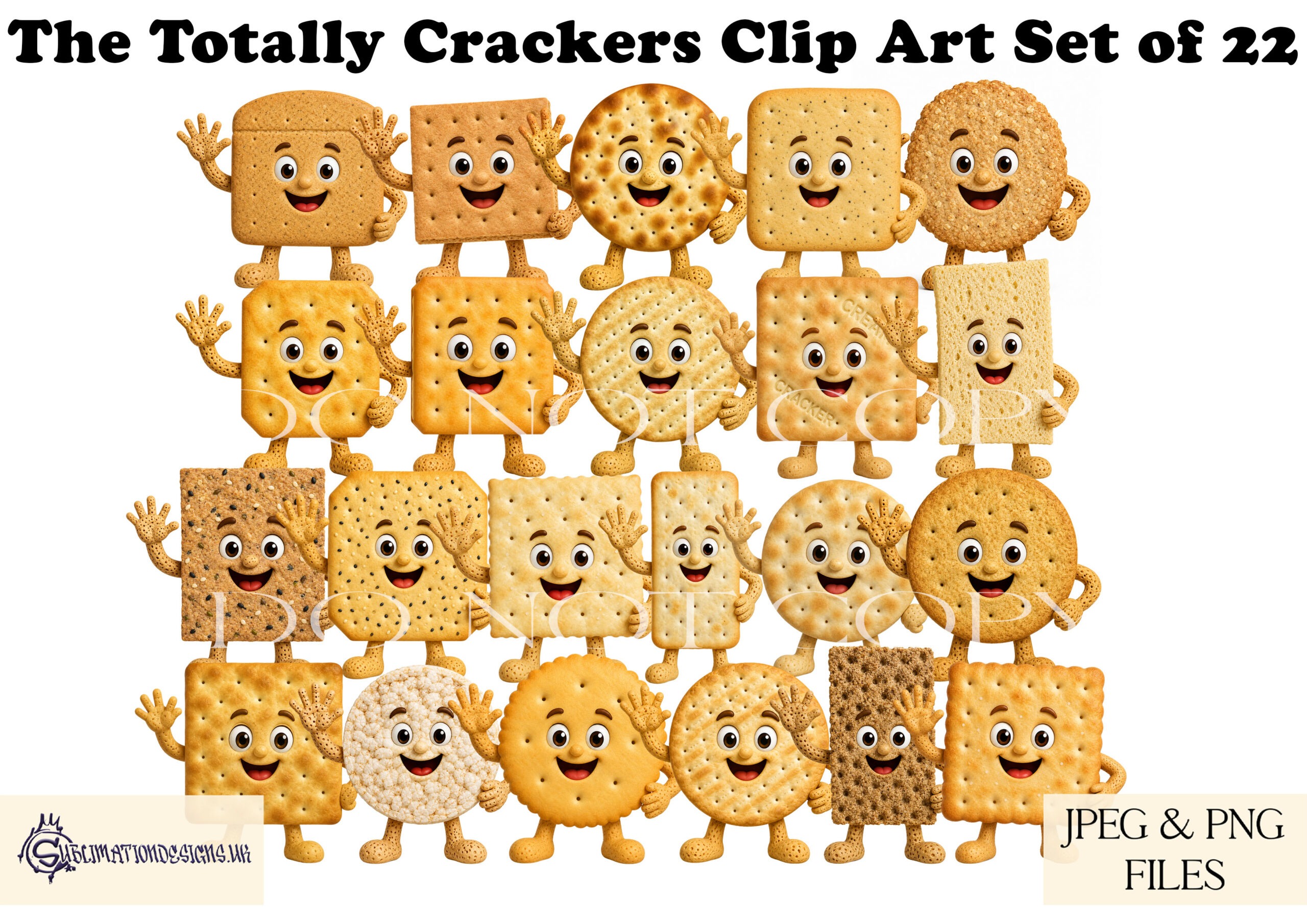 Cracker character clip art designs inspired by different crackers for family wall art chopping boards and personalised gifts
