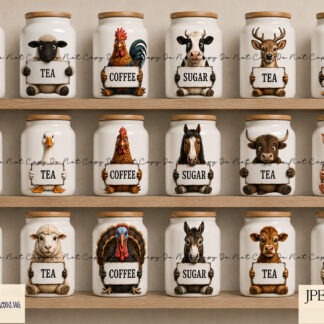 Farmyard animal kitchen label designs with animals holding blank signs for jars tins and kitchen storage