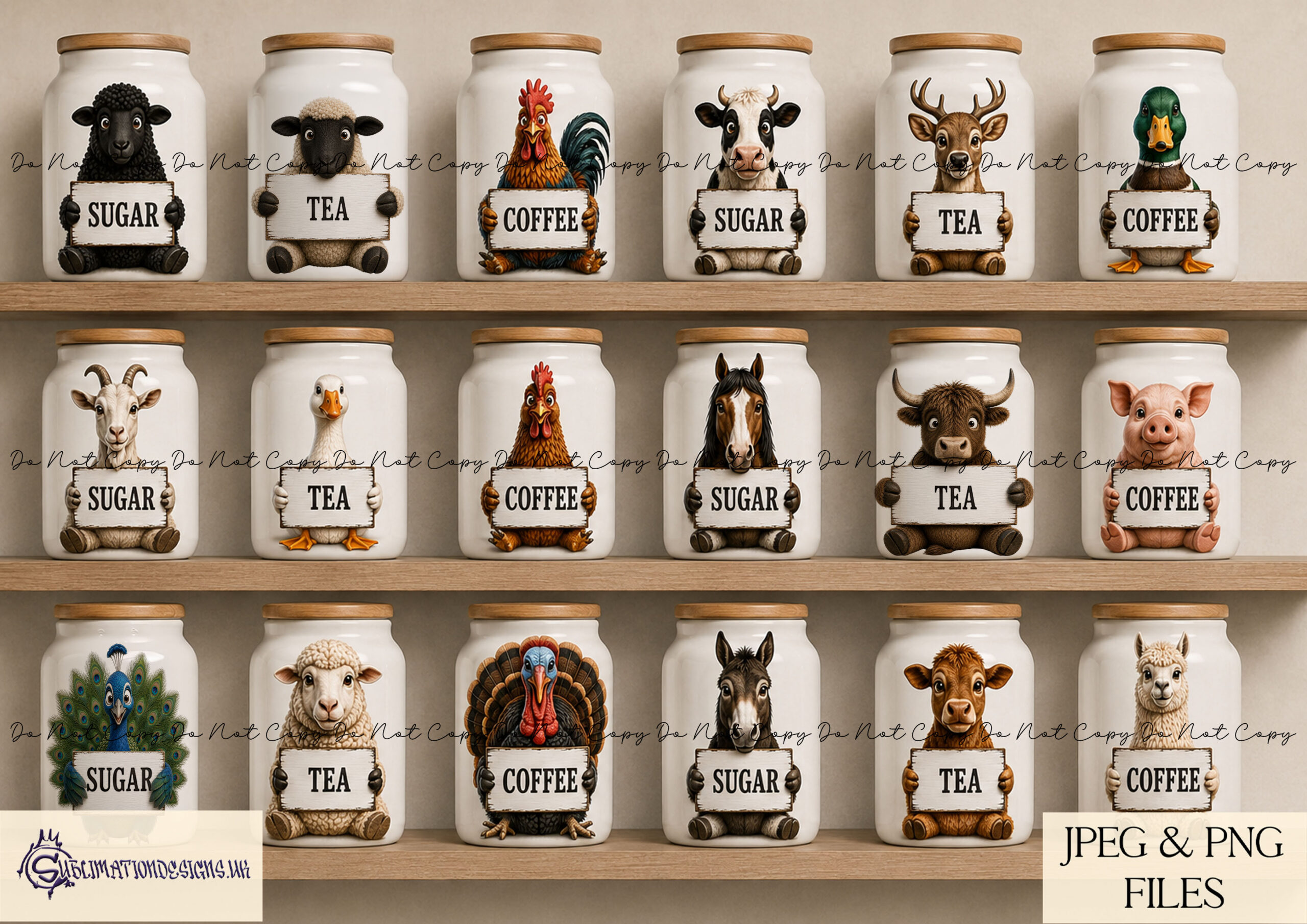 Farmyard animal kitchen label designs with animals holding blank signs for jars tins and kitchen storage