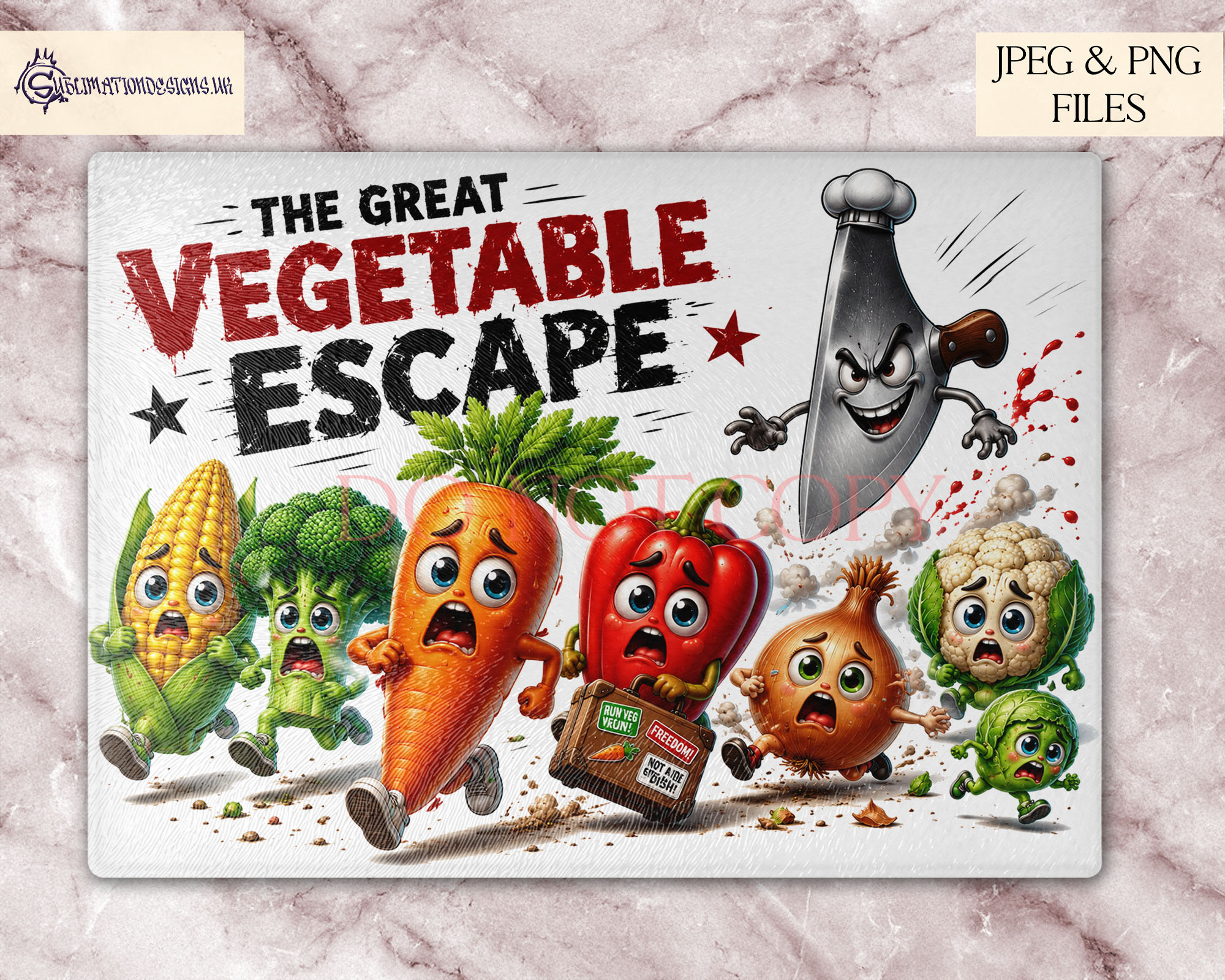 Comedy kitchen chopping board designs with funny vegetable themes for novelty gifts and kitchen décor products