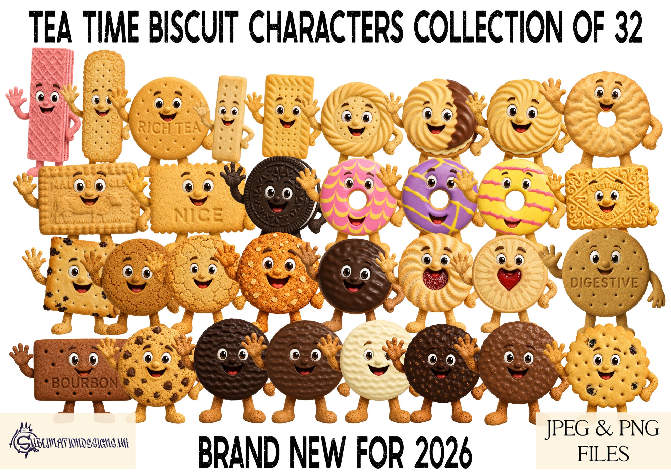 Biscuit character clip art designs inspired by tea time favourites for family wall art mugs and personalised gifts
