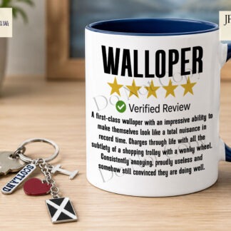 Scottish insult comedy designs in 5 star review style for mugs cards and novelty gifts