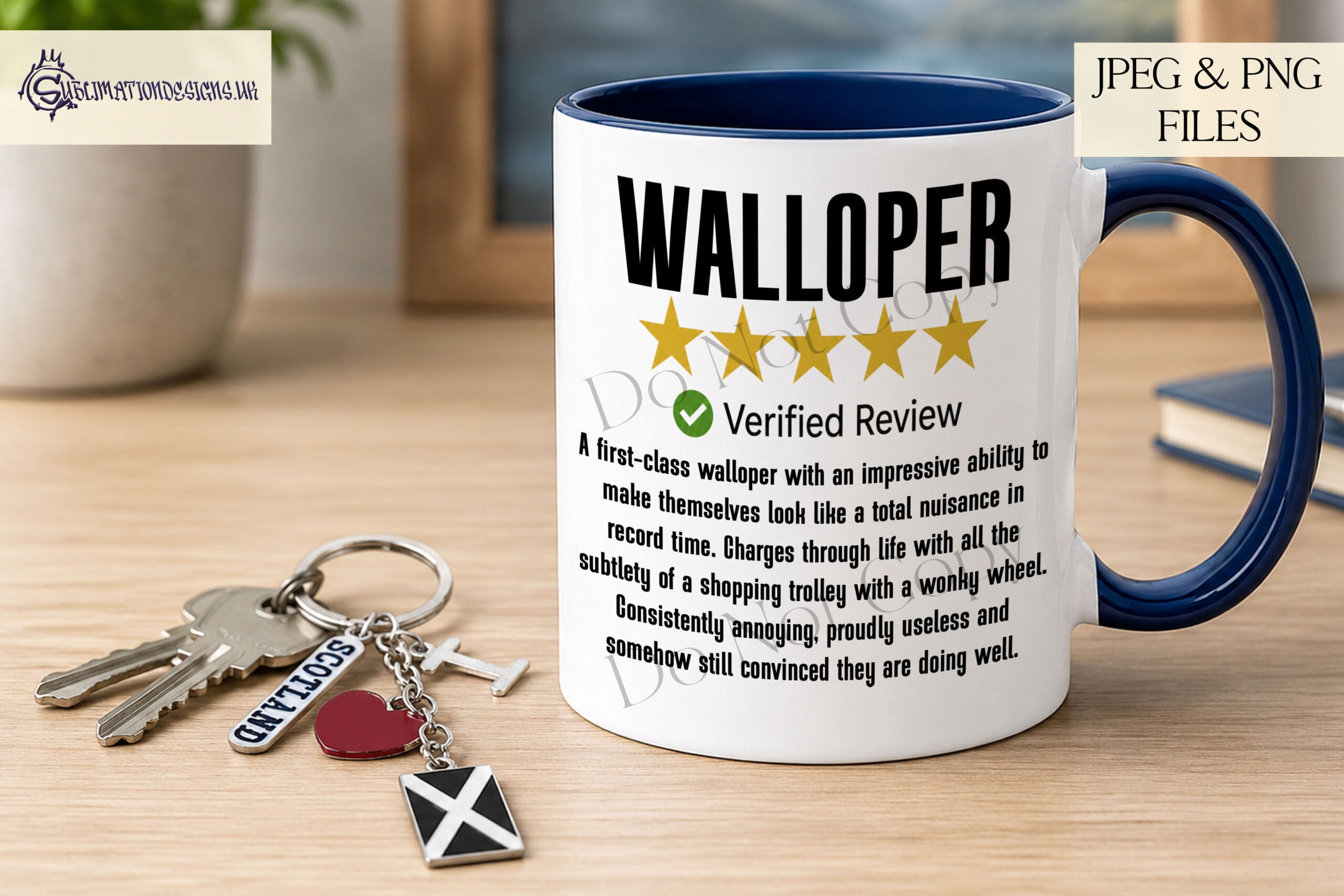 Scottish insult comedy designs in 5 star review style for mugs cards and novelty gifts