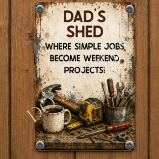 Rustic workshop sign designs with grunge style and humorous wording for metal signs and shed décor