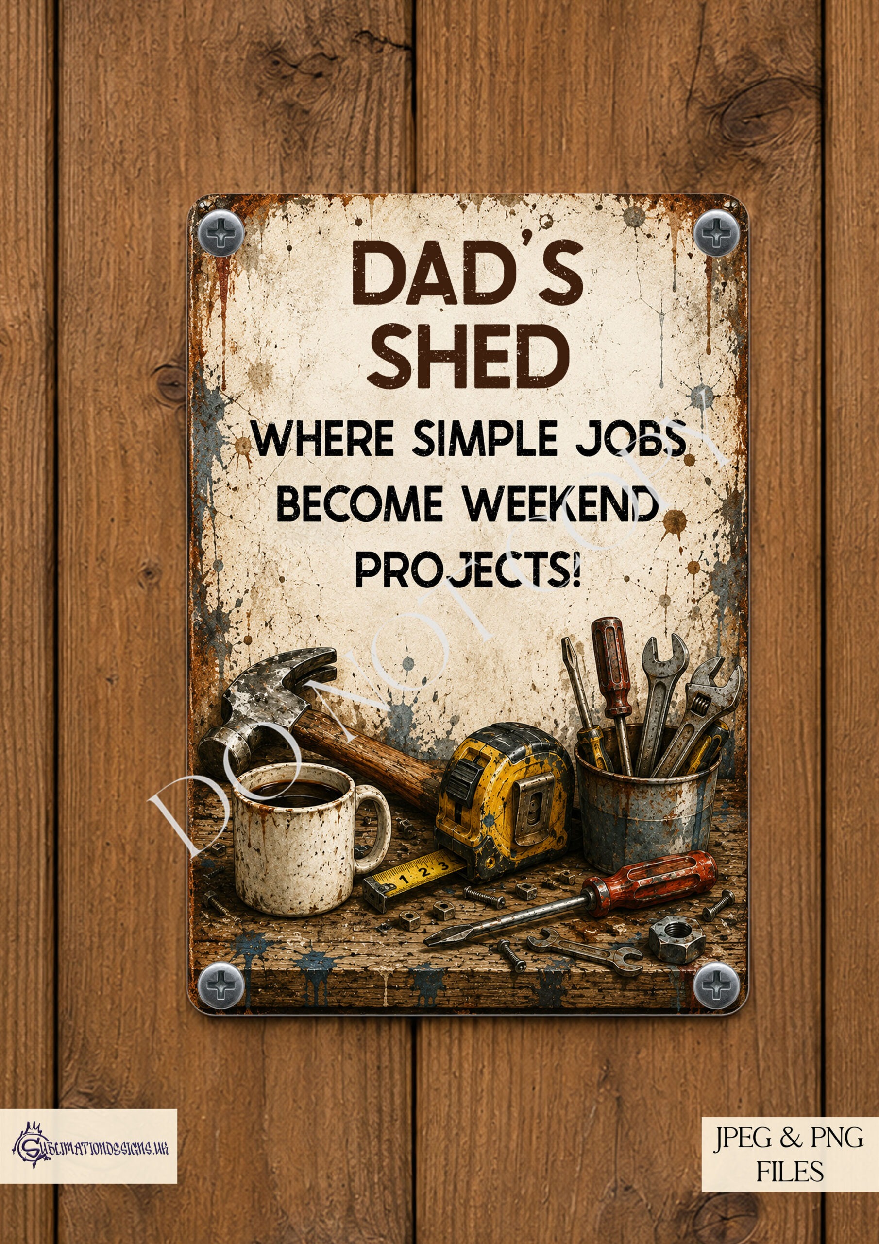 Rustic workshop sign designs with grunge style and humorous wording for metal signs and shed décor