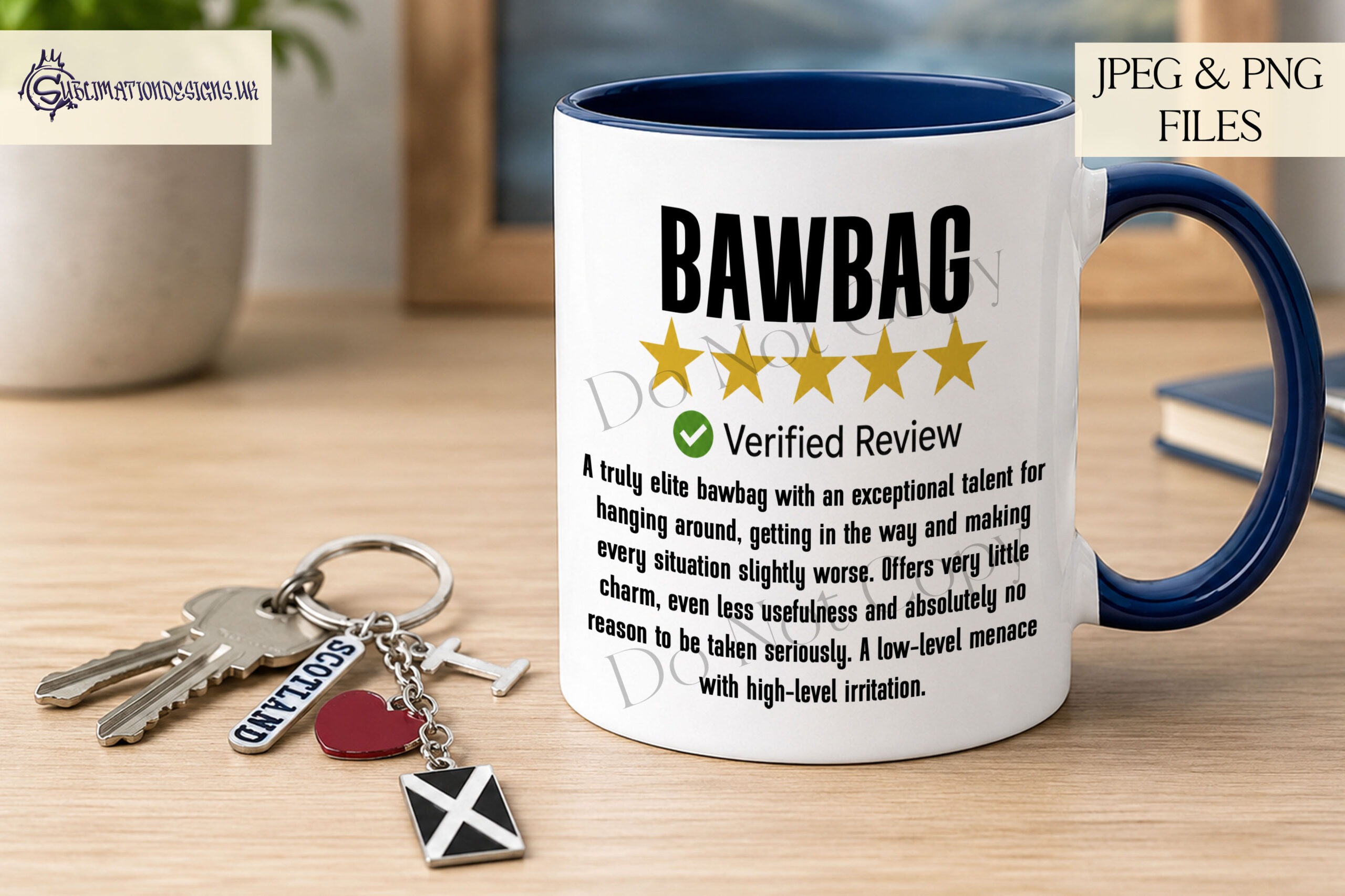 Scottish insult comedy designs in 5 star review style for mugs cards and novelty gifts