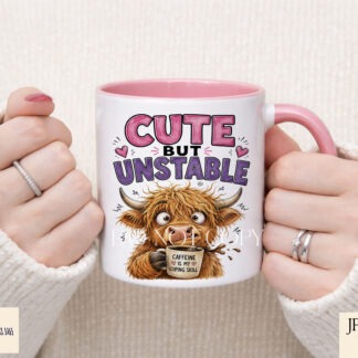 Cute cow drinking coffee with funny cute but unstable wording for mugs t shirts and novelty gifts