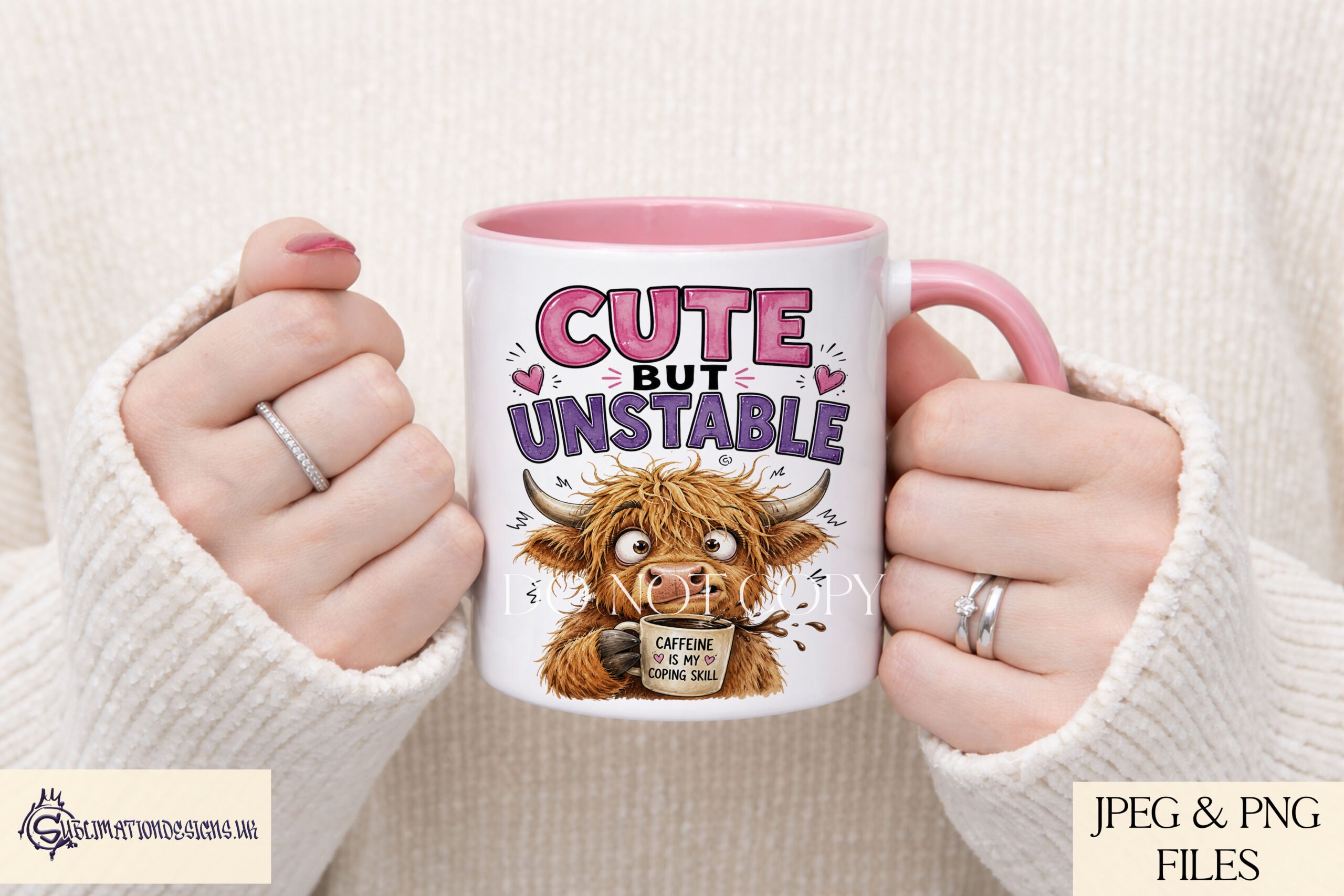 Cute cow drinking coffee with funny cute but unstable wording for mugs t shirts and novelty gifts