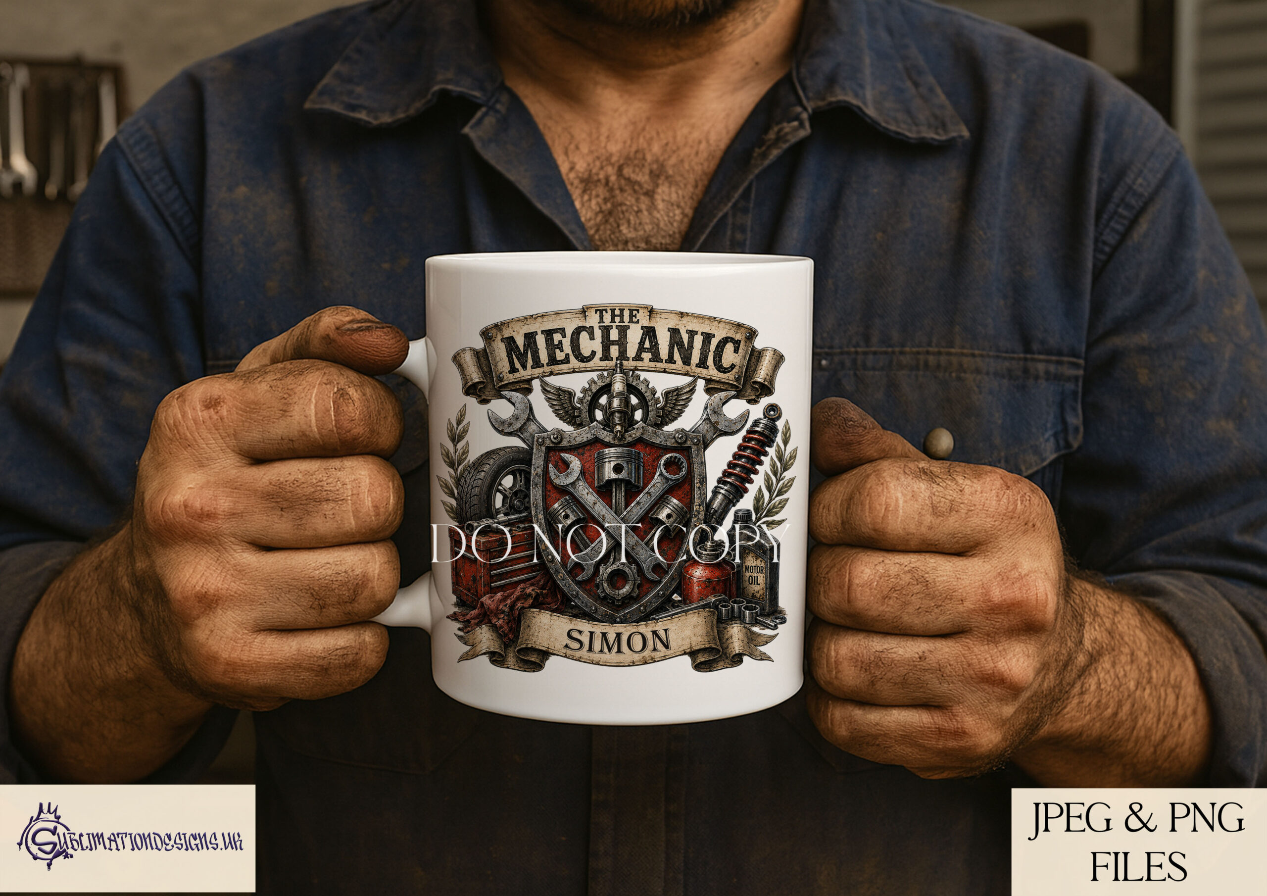 Mechanics crest designs with banners for custom names suitable for mugs signs and workshop décor