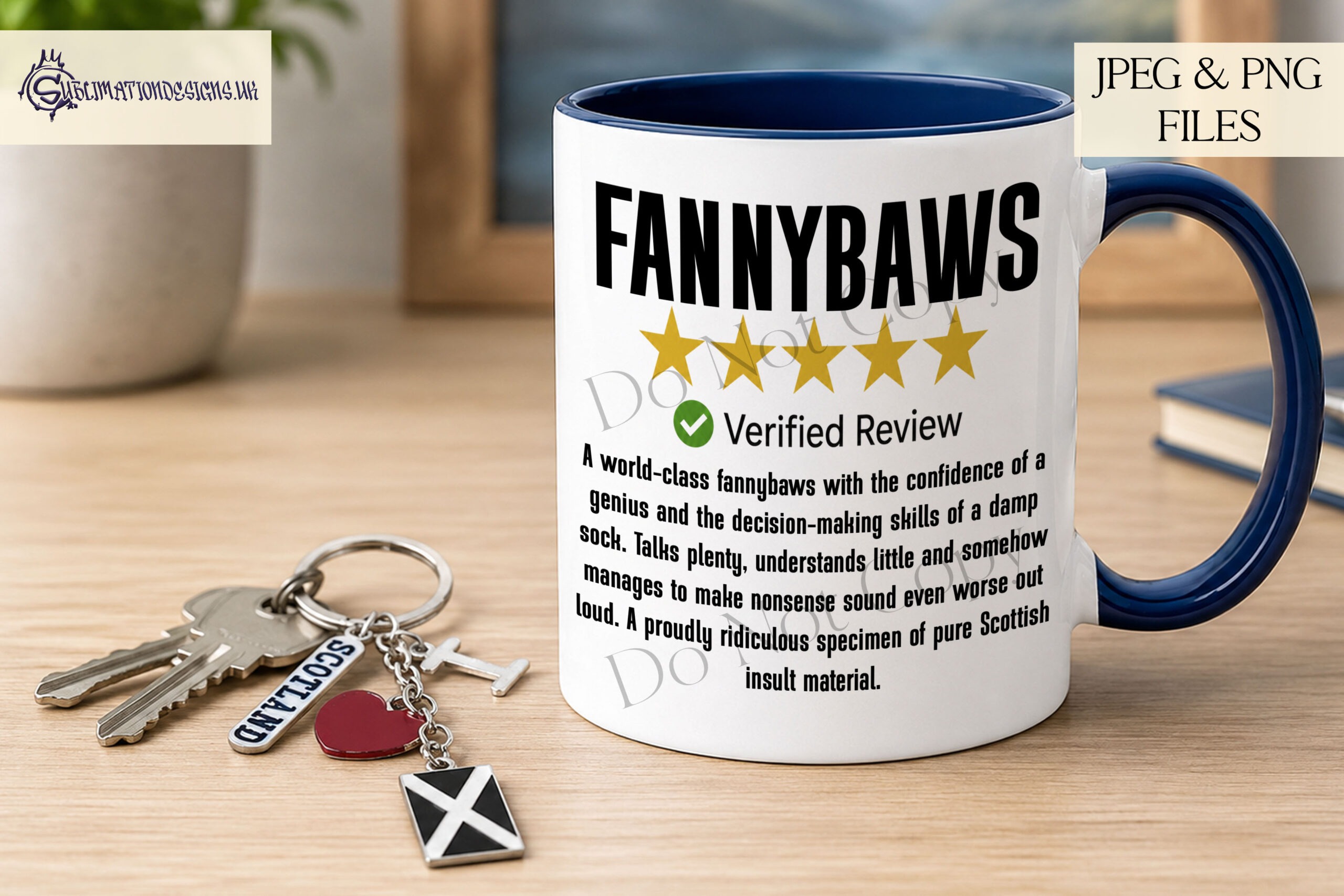 Scottish insult comedy designs in 5 star review style for mugs cards and novelty gifts