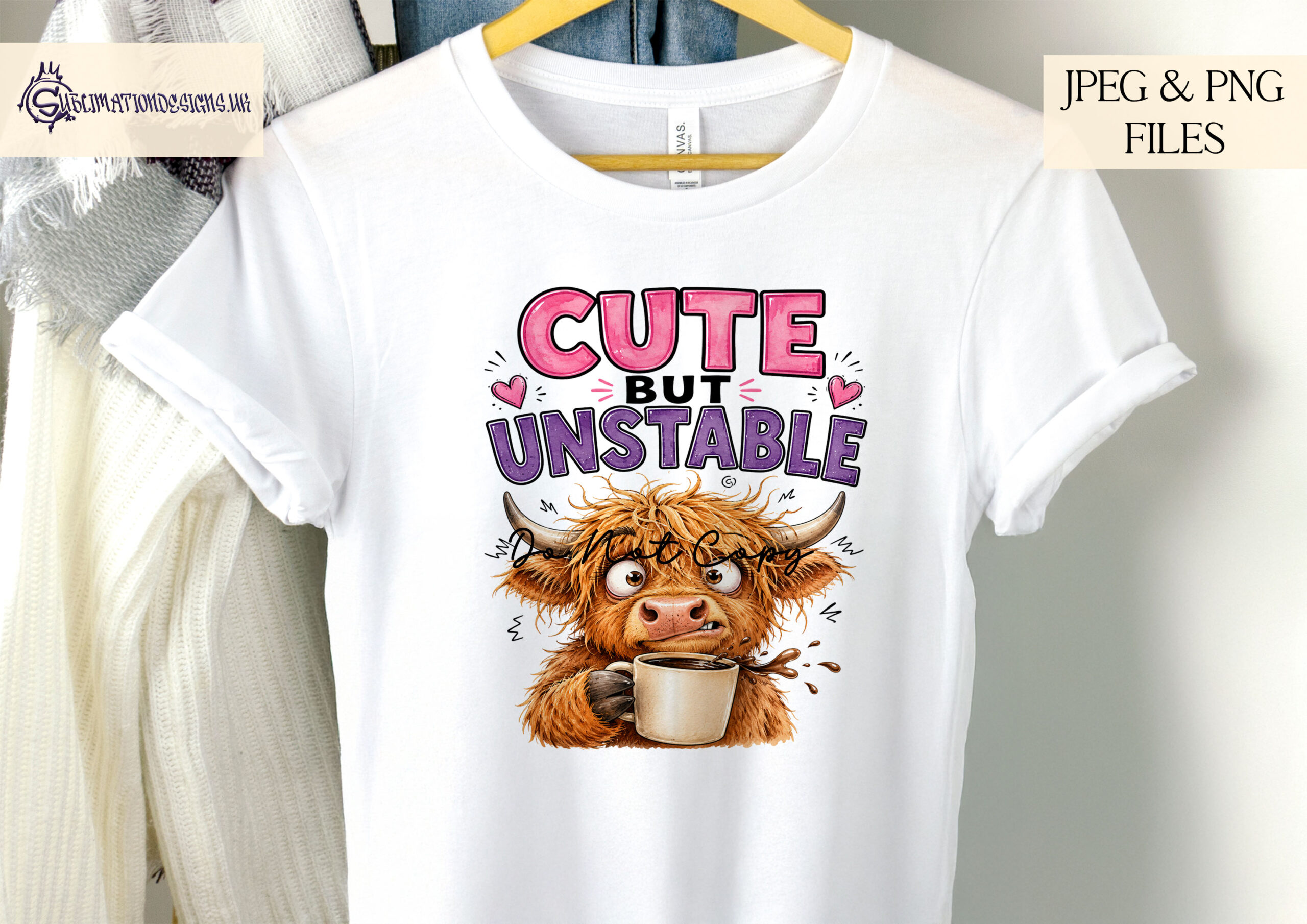 Cute cow drinking coffee with funny cute but unstable wording for mugs t shirts and novelty gifts