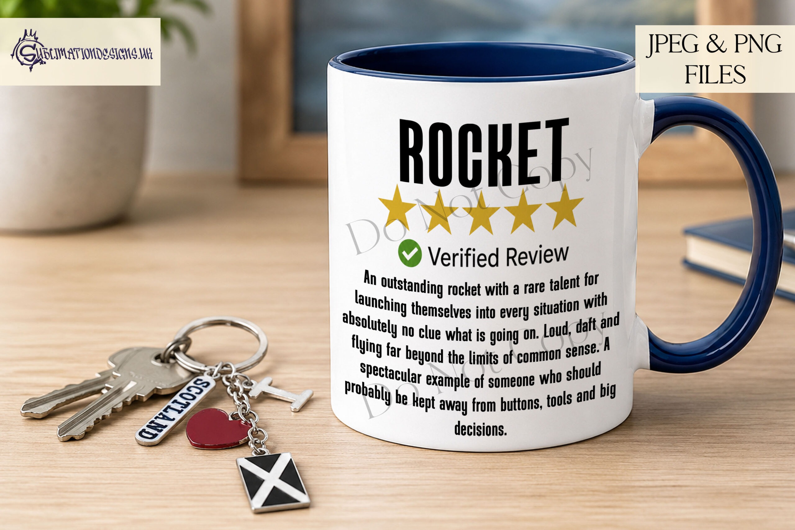 Scottish insult comedy designs in 5 star review style for mugs cards and novelty gifts